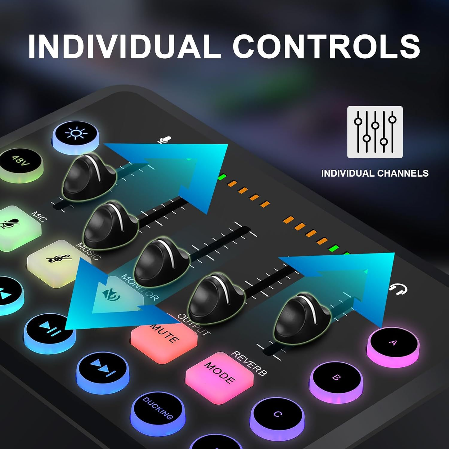 Nahaufnahme eines Mischpults mit verschiedenen Knöpfen und Schiebereglern. Text 'INDIVIDUAL CONTROLS'.
