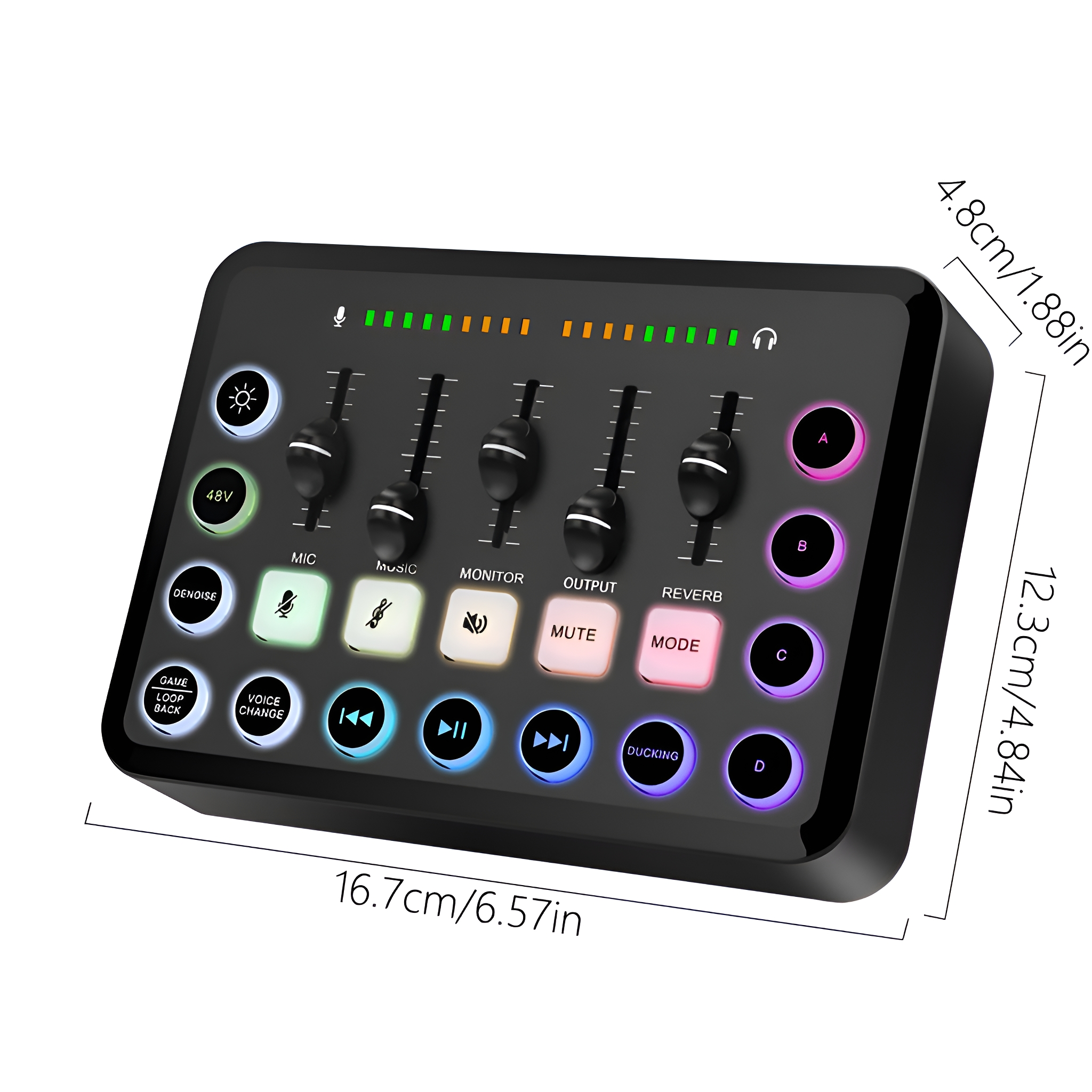 Ein schwarzer Audiomixer mit Knöpfen, Schiebereglern und Abmessungen, mit schwarzem Hintergrund.