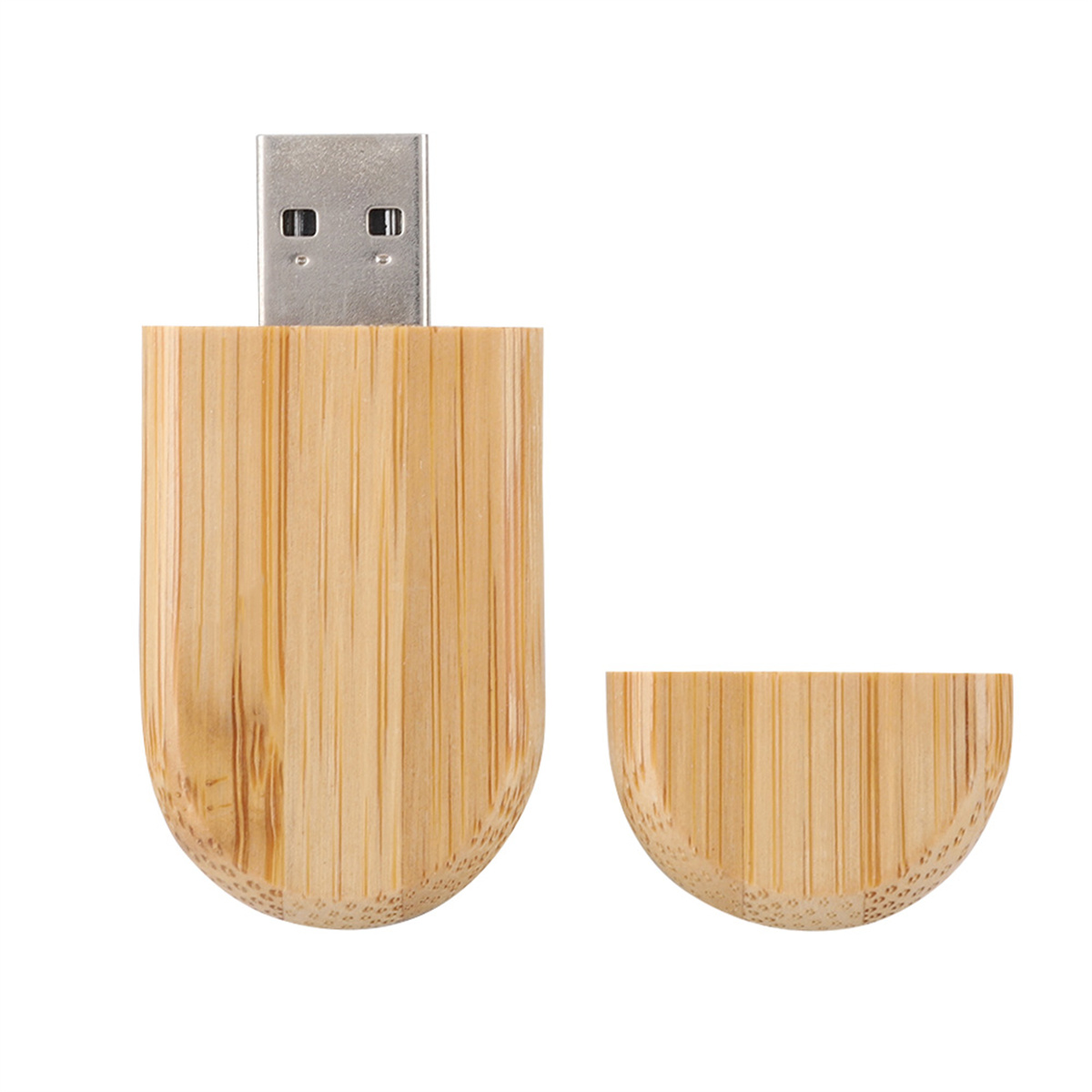 USB-Stick aus Holz mit abgenommenem Deckel, zeigt den USB-Anschluss.