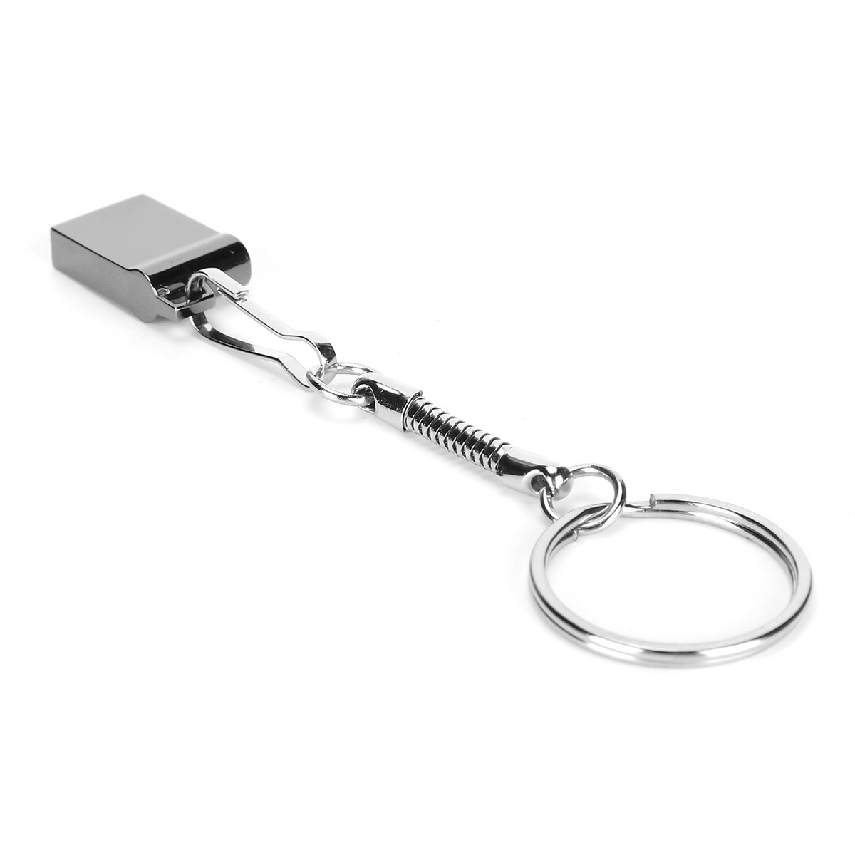 Schlüsselanhänger mit Metallclip. Eine Kette verbindet Clip und Ring. Weißer Hintergrund.