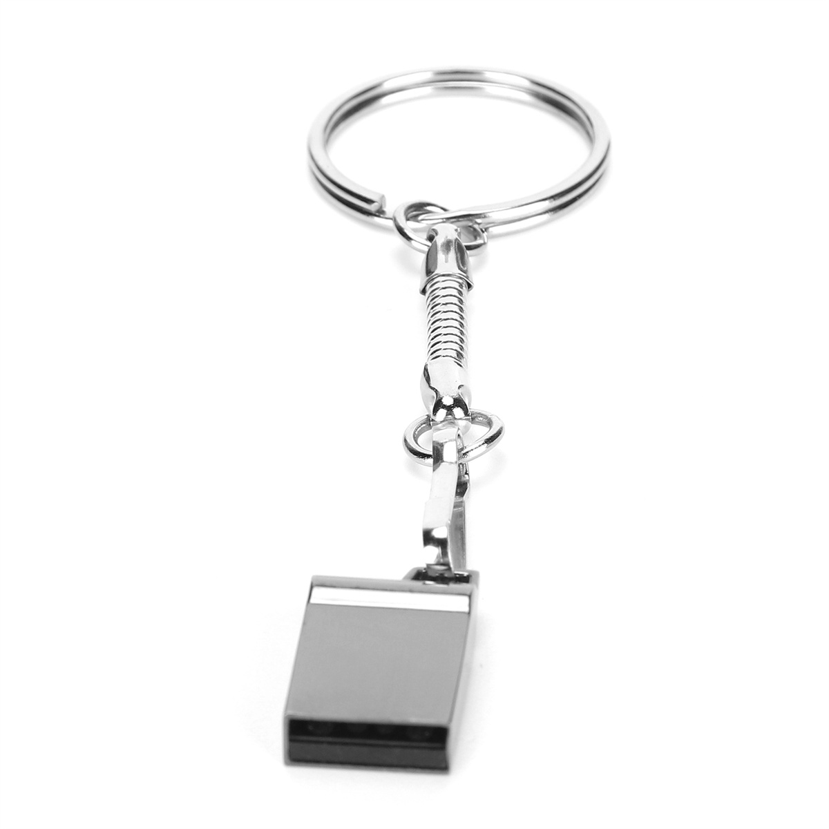 Ein silberner Schlüsselanhänger mit Ring und USB-Stick-Aufsatz, vor weißem Hintergrund.