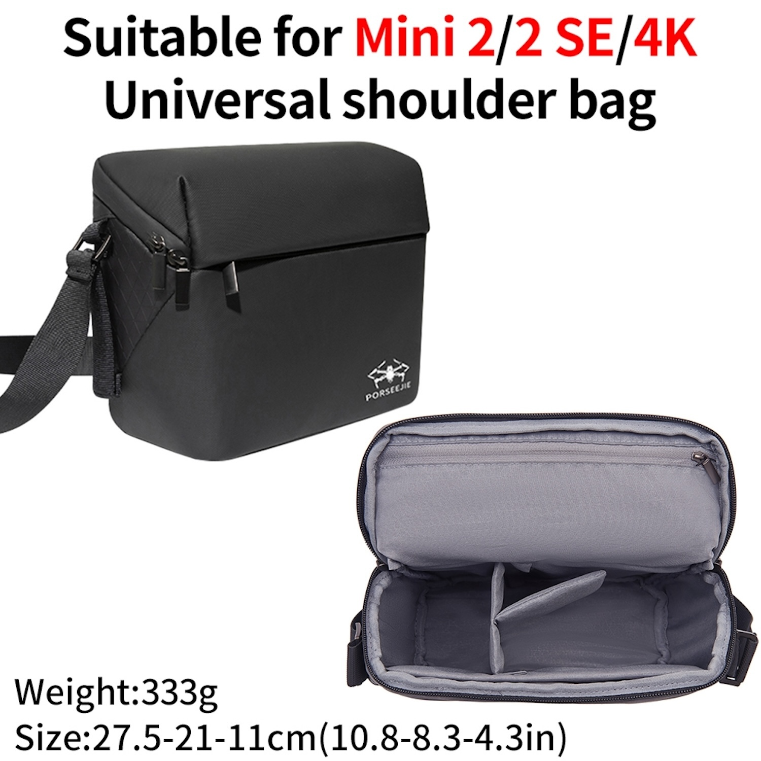 Eine schwarze Umhängetasche für eine Drohne. Die Tasche ist offen und zeigt die Innenfächer.