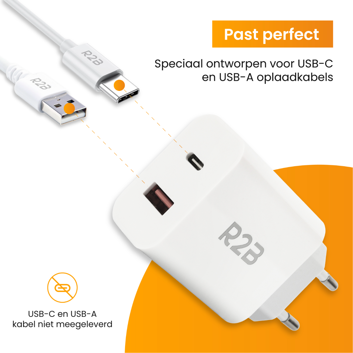 Weißes Ladegerät mit USB-C- und USB-A-Anschlüssen, mit Kabeln und Diagramm.