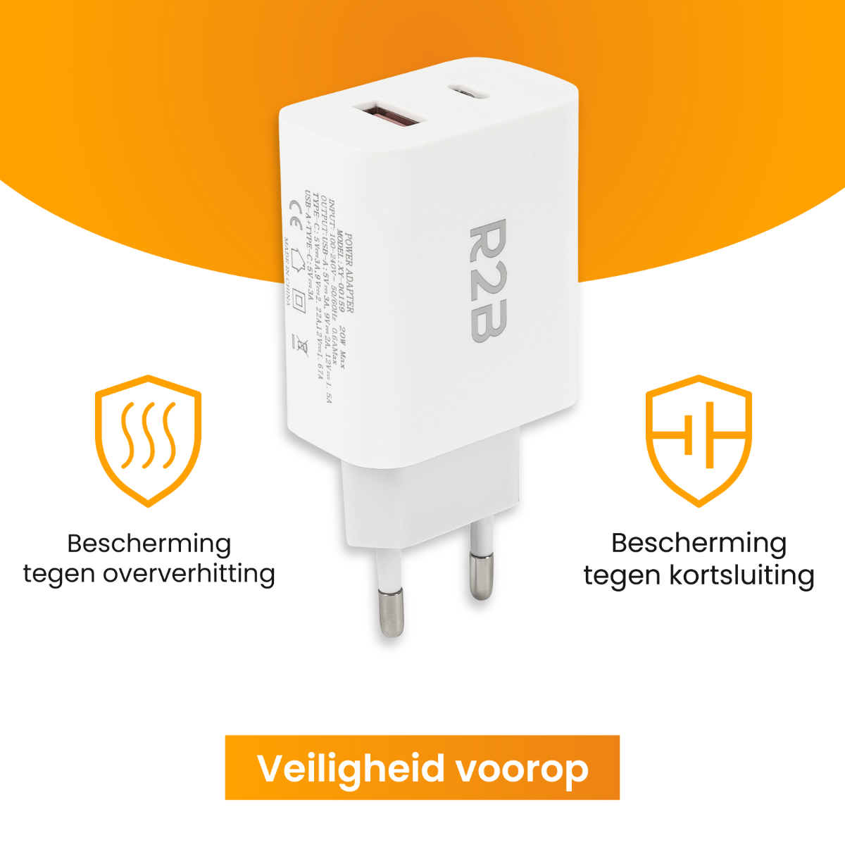 Weißes Ladegerät mit R2B-Logo und Symbolen für Überhitzungs- und Kurzschlussschutz.