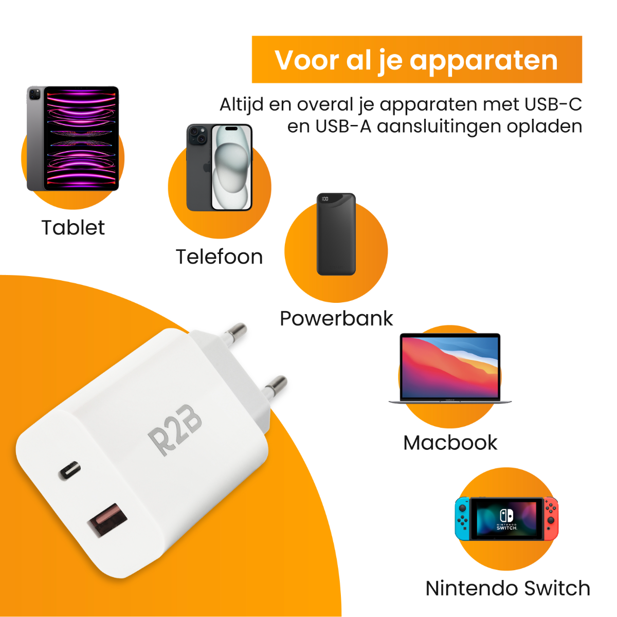 Verschiedene Geräte, darunter Tablet, Telefon, Powerbank, Macbook und Nintendo Switch mit weißem Ladegerät.