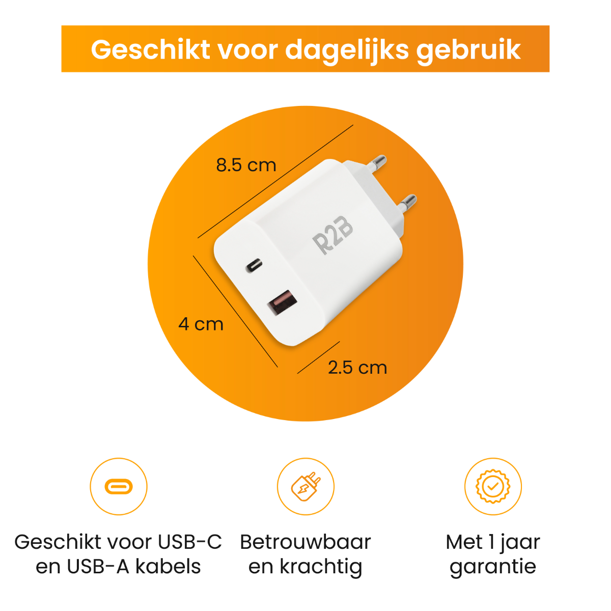 Weißes Ladegerät mit USB-Anschluss. Messlinien und Text um das Ladegerät herum.