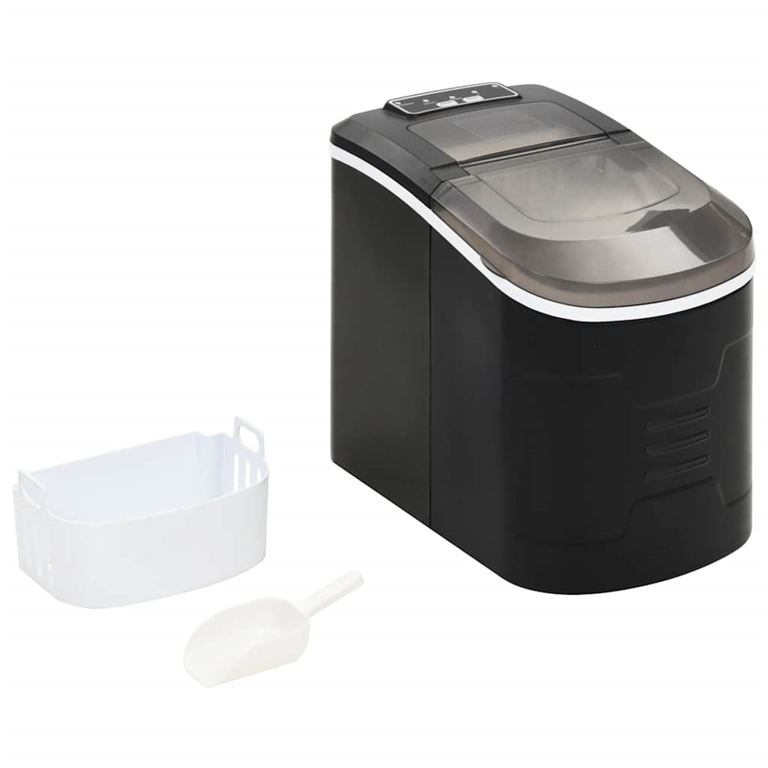 Ein schwarzer Eisbereiter mit einem weißen Eisbehälter und einem Schöpfer auf weißem Hintergrund.