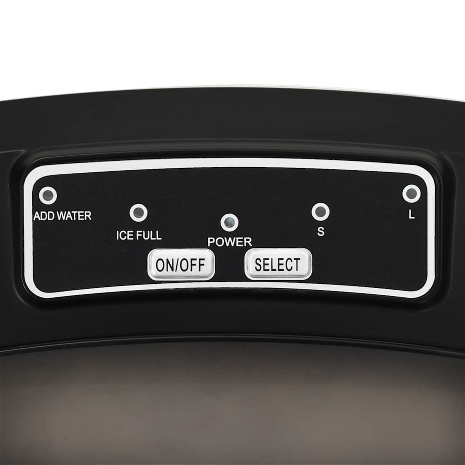 Schwarzes Bedienfeld mit Knöpfen und Anzeigen, beschriftet mit "ON/OFF", "SELECT", "ICE FULL" und "ADD WATER".