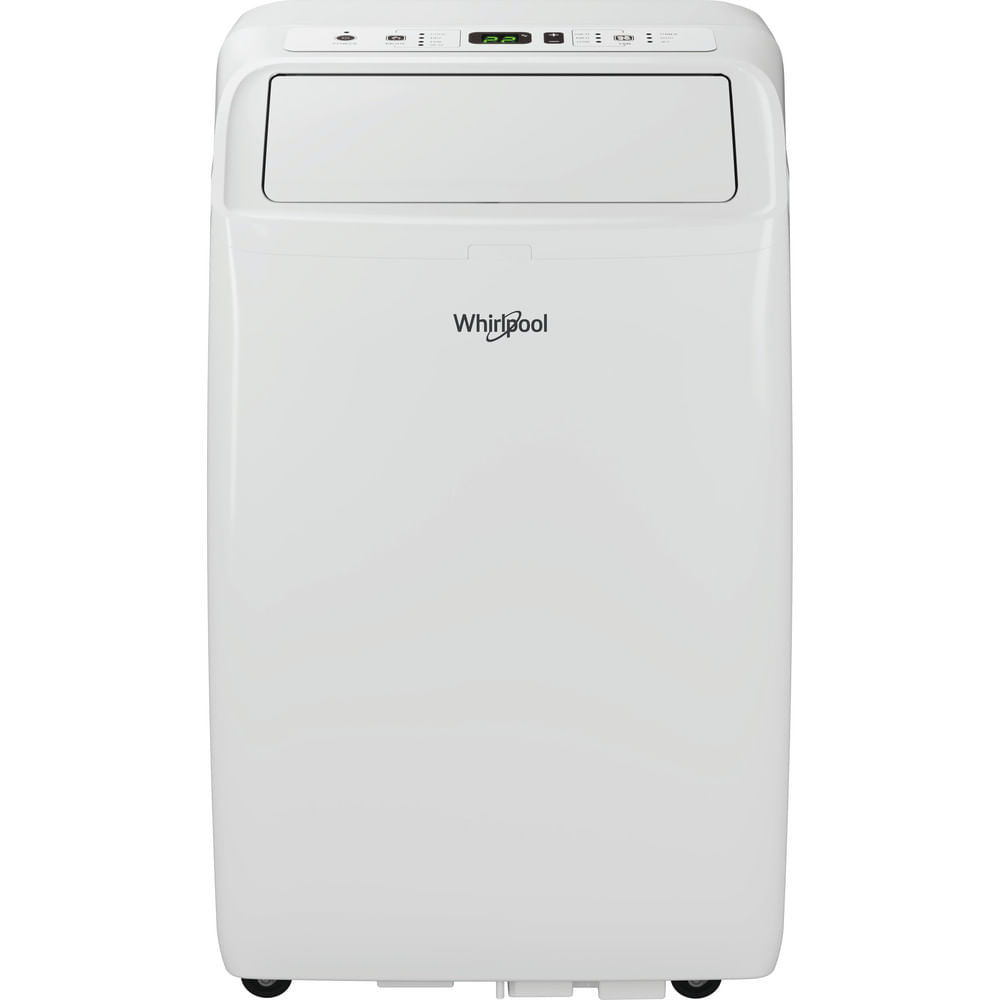 Condizionatore portatile Whirlpool bianco, rettangolare, con display digitale e logo, fotografato frontalmente.