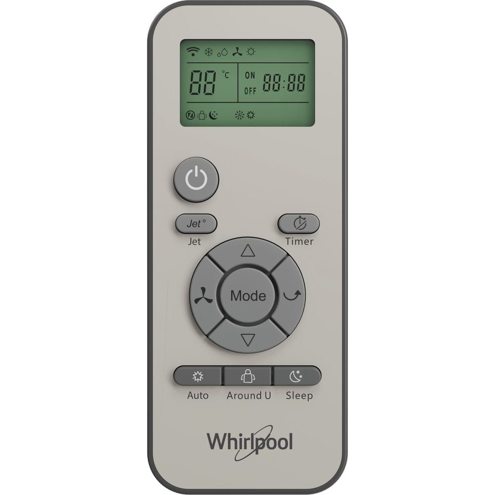 Un telecomando grigio per un condizionatore. Ha uno schermo e dei pulsanti. Il marchio è Whirlpool.