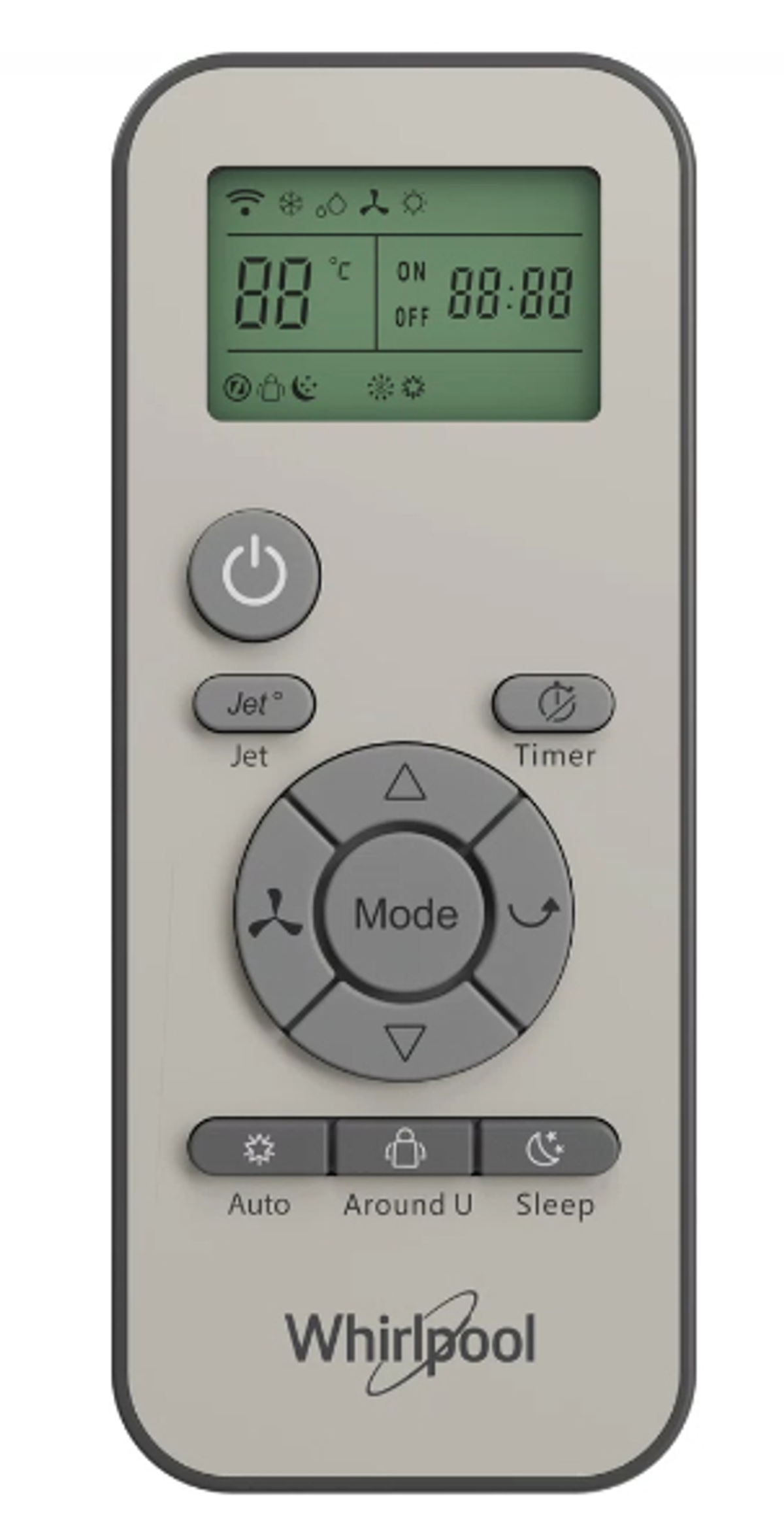 Telecomando Whirlpool beige con display digitale, selezioni di modalità e pulsante di controllo centrale.