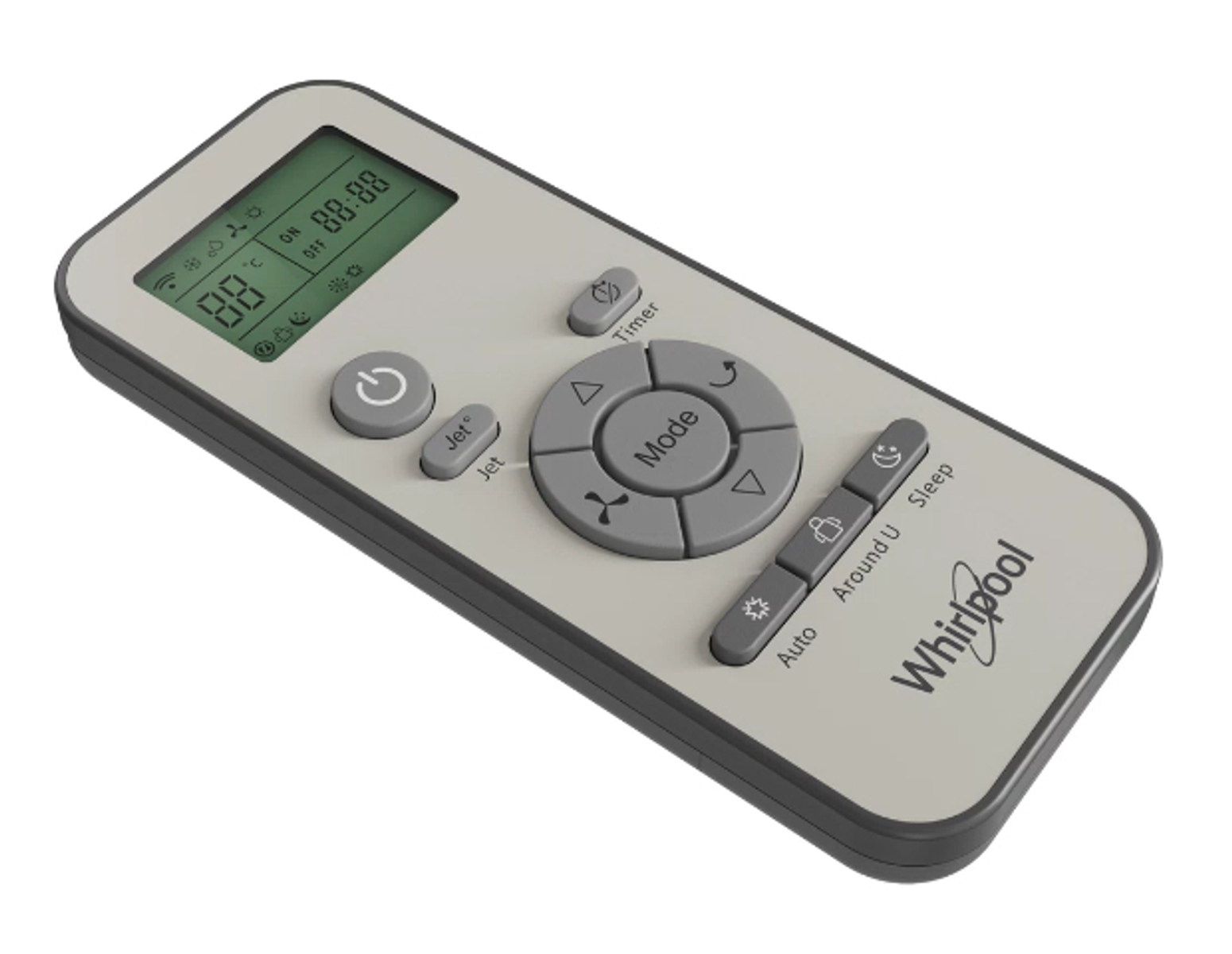 Telecomando Whirlpool con display digitale, pulsanti e selettore di modalità.