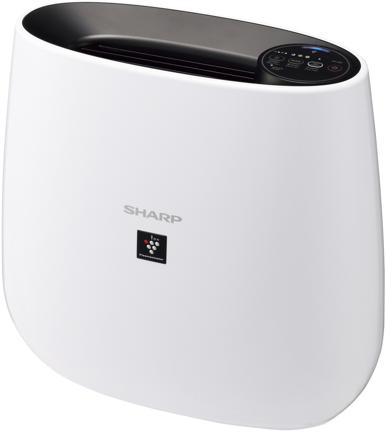 Purificatore d'aria bianco con parte superiore nera e logo Sharp.