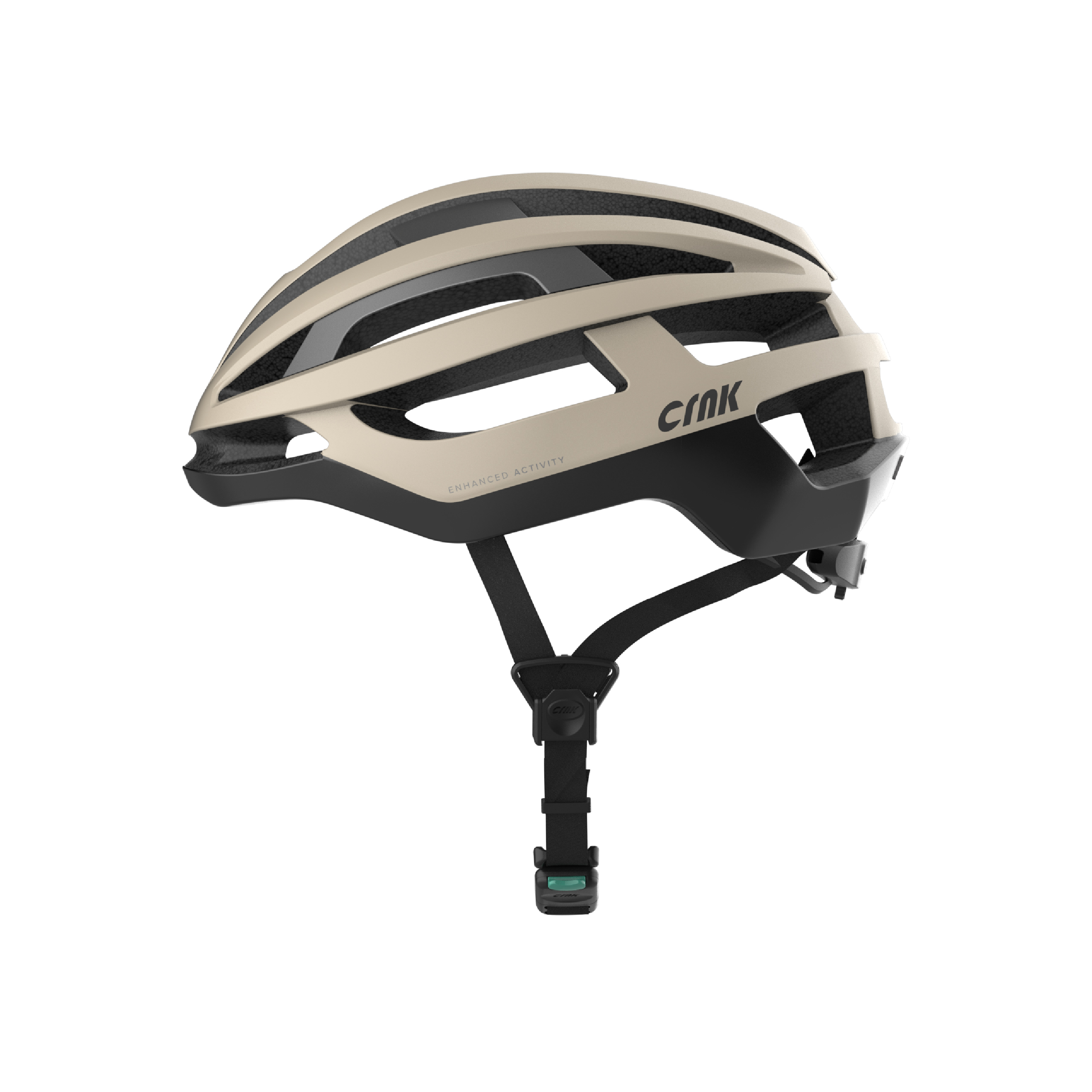 Ein hellbrauner und schwarzer Fahrradhelm mit Markennamen und „Enhanced Activity“.