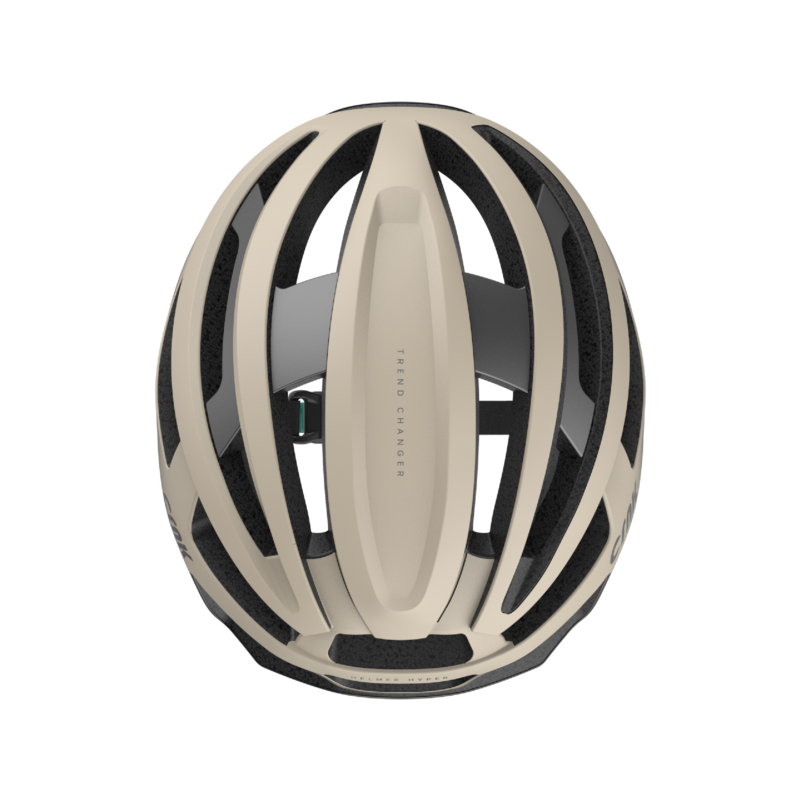 Ein beiger und schwarzer Fahrradhelm mit einem weißen Mittelstreifen und dem Text 'TREND CHANGER'.