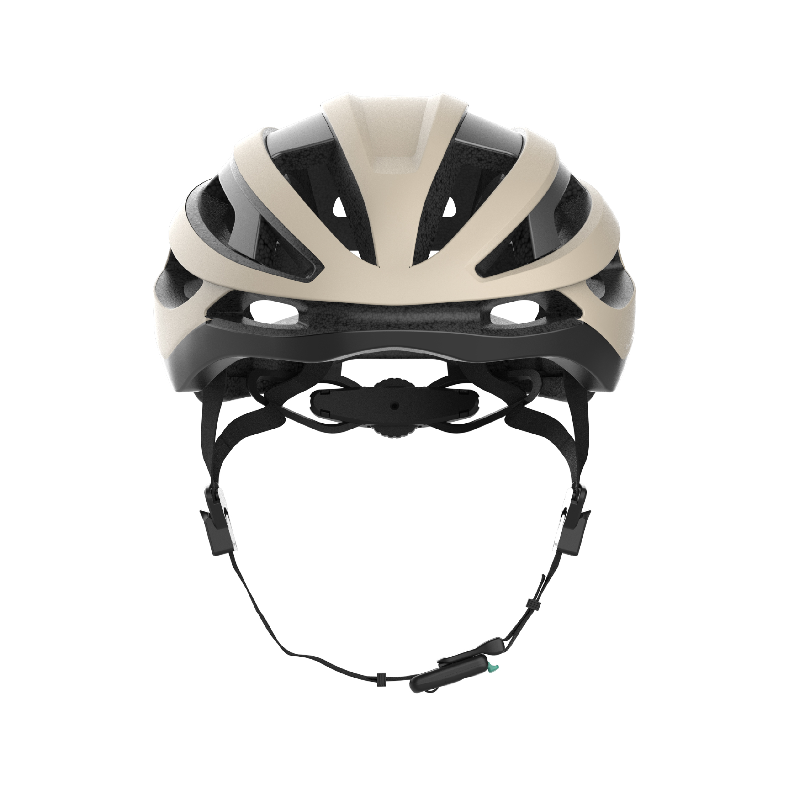 Beiger und schwarzer Fahrradhelm vor weißem Hintergrund. Er hat ein schlankes Design mit verstellbaren Riemen.