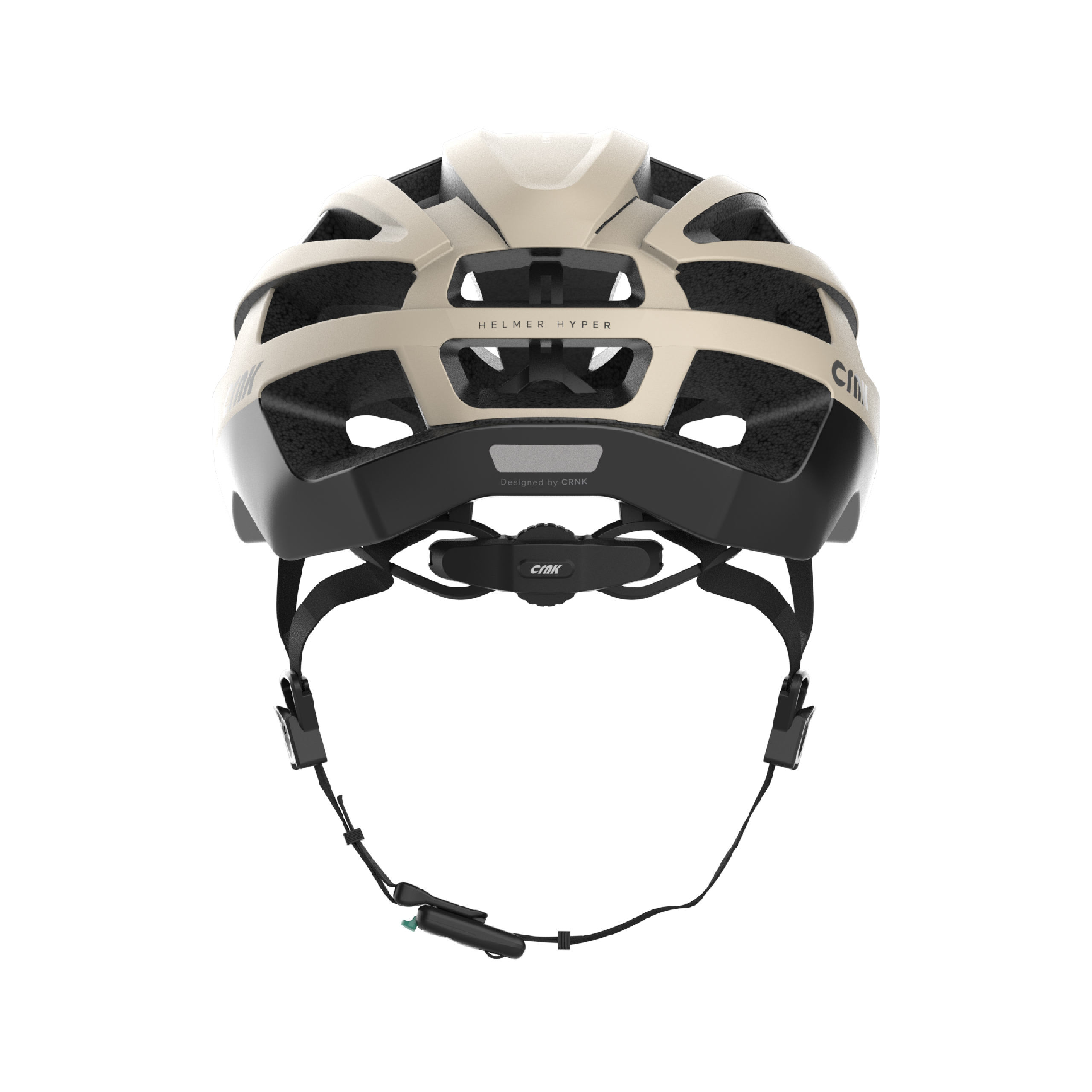 Creme-schwarzer Fahrradhelm. Verfügt über verstellbare Riemen und den Markennamen 'CIIM'.