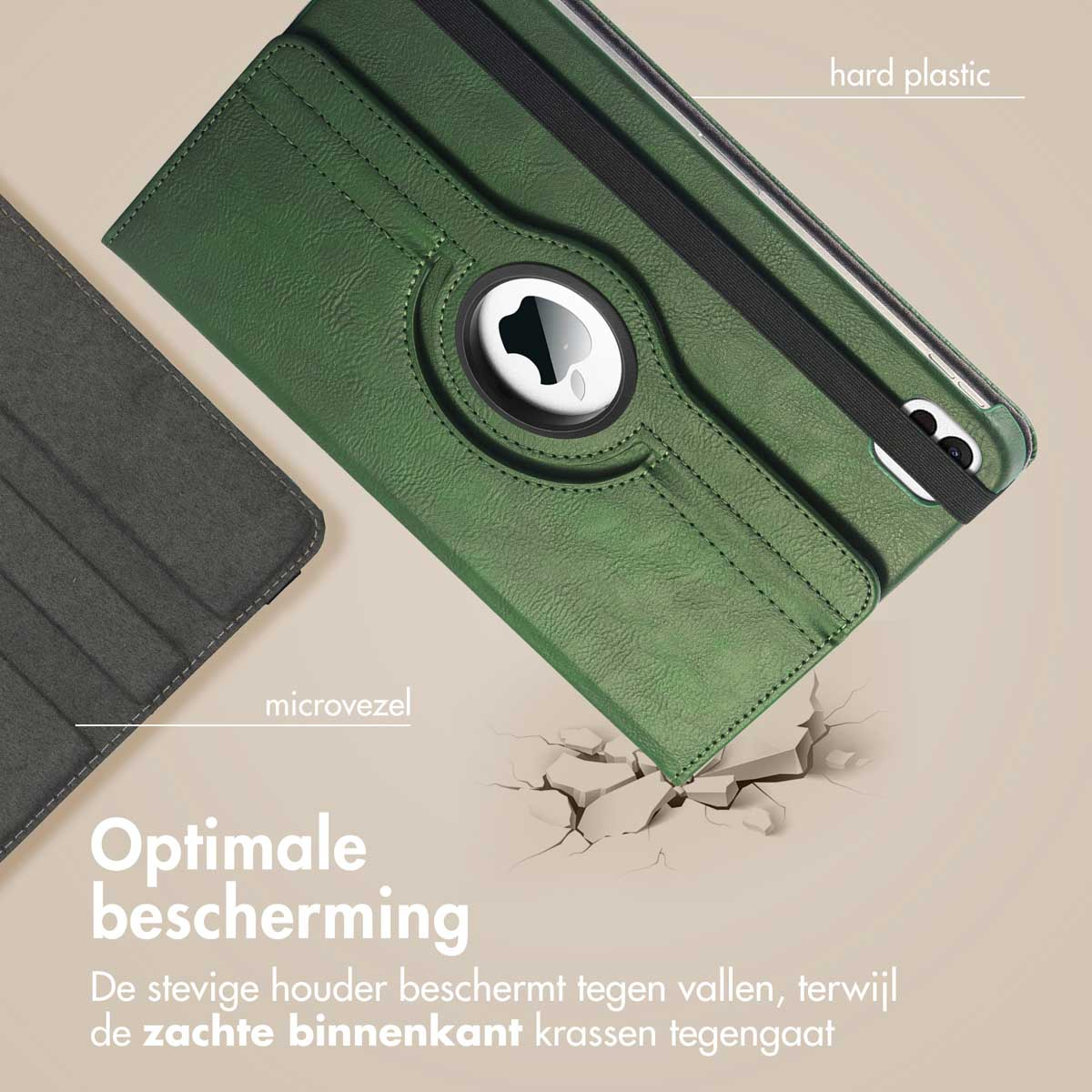 Groene tablethoes met een tablet erin. De hoes is gemaakt van hard plastic en microvezel.