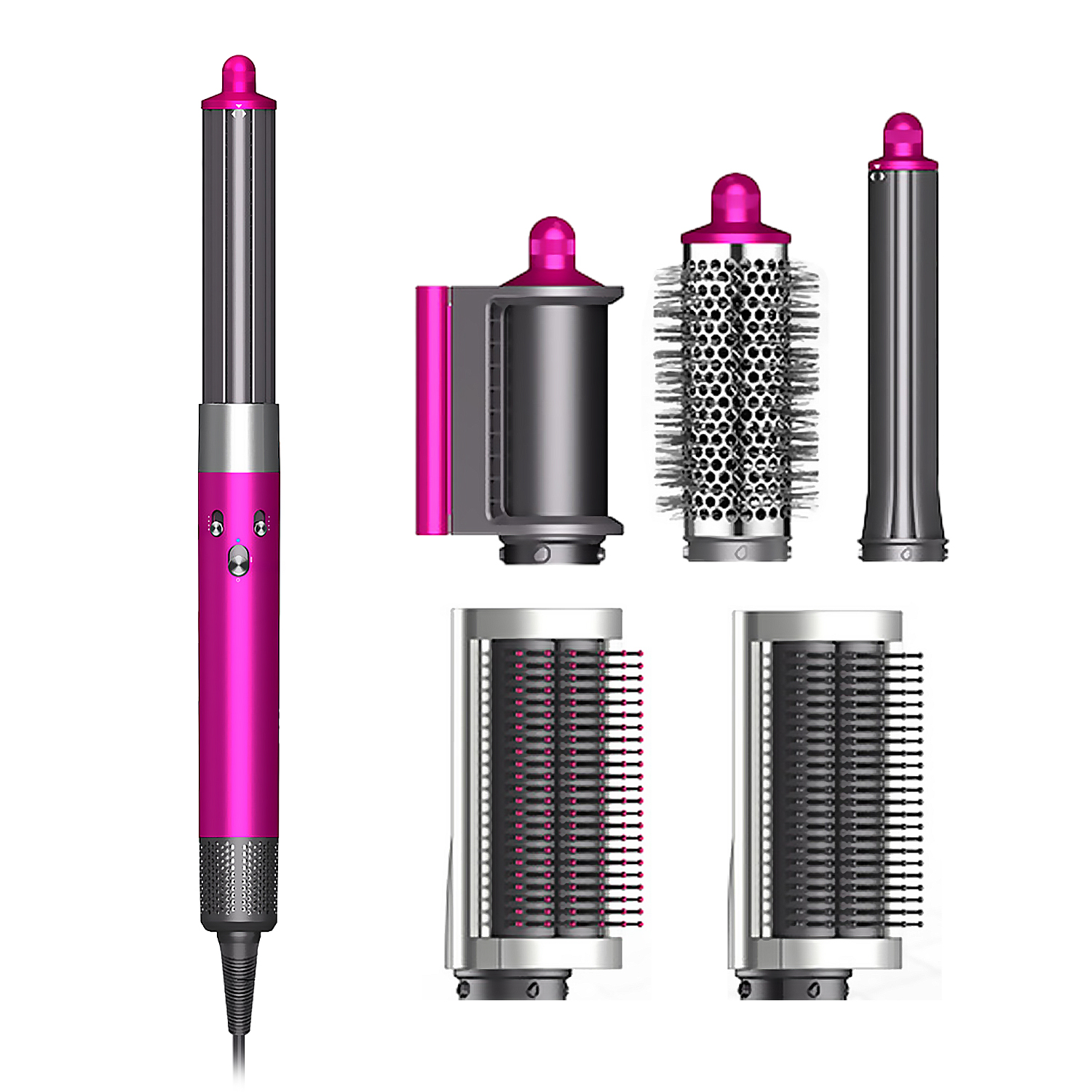 Un'attrezzo per lo styling dei capelli Dyson rosa e argento con vari accessori.