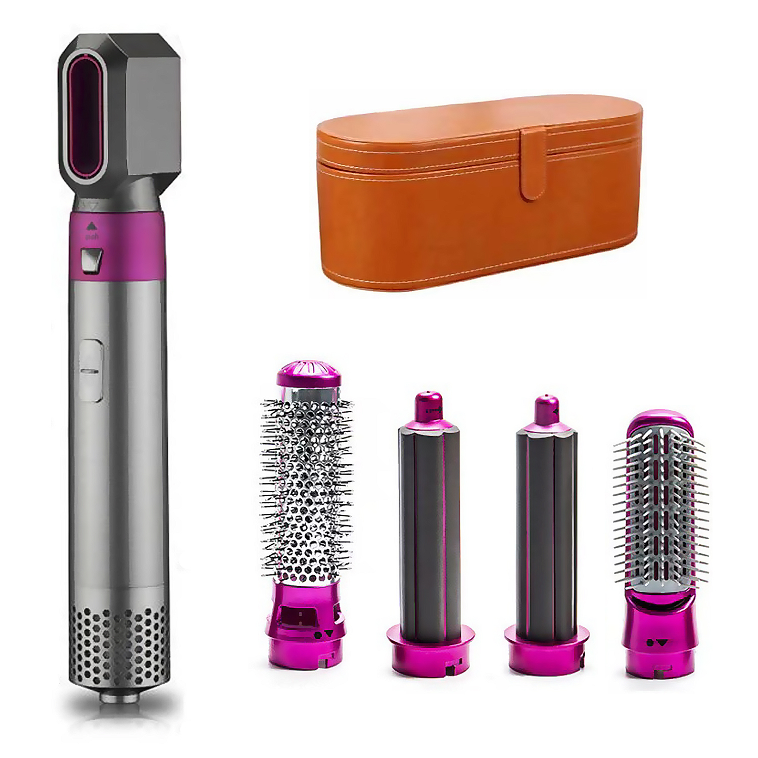 Strumento per lo styling dei capelli con più accessori e una custodia arancione. Lo strumento è rosa e argento.