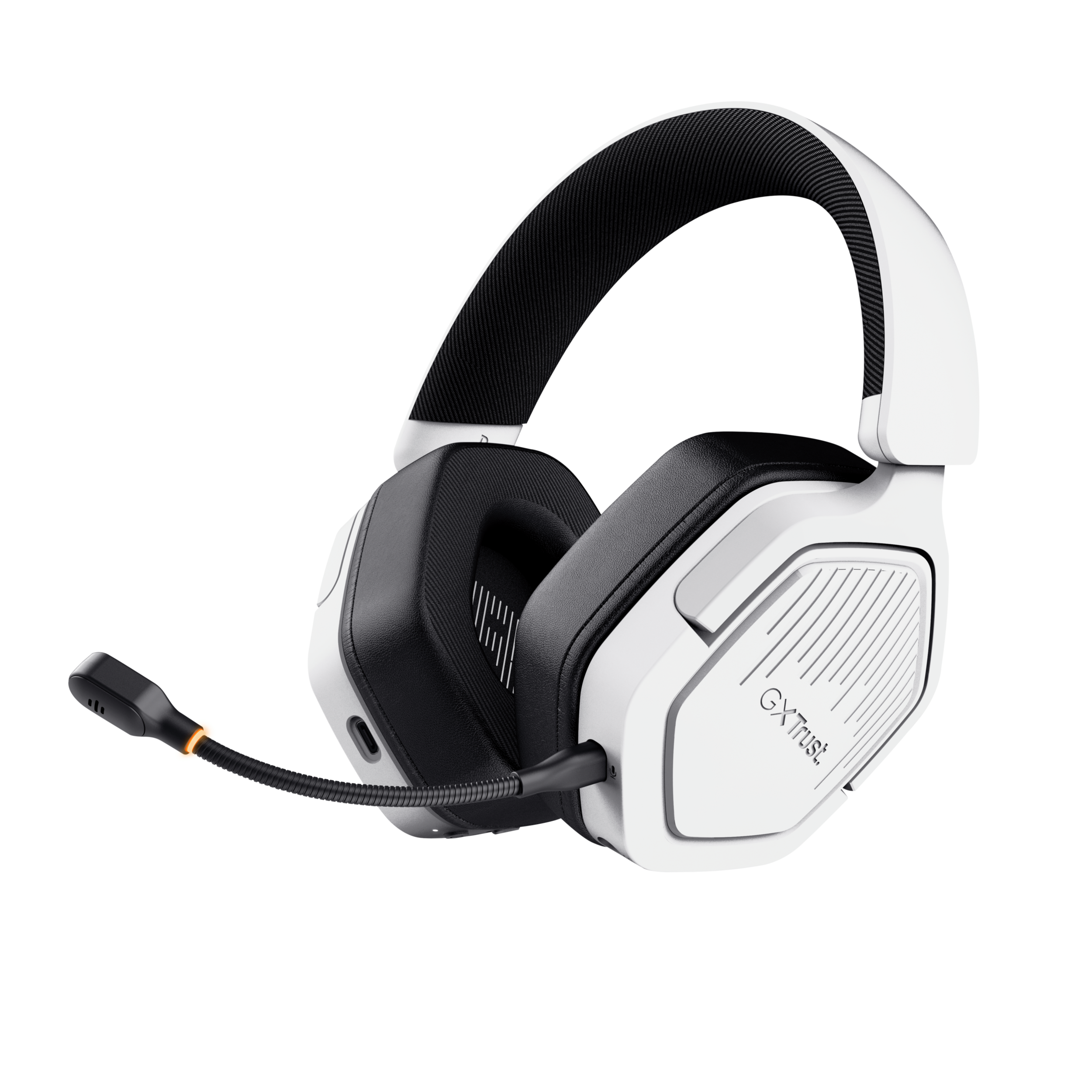 Witte gaming headset met een zwarte microfoon, op een zwarte achtergrond, zijaanzicht.