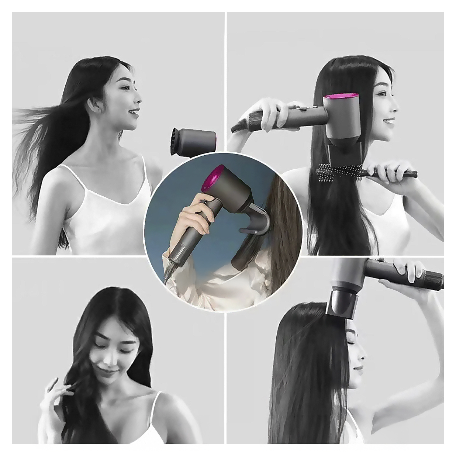 Collage di una donna che usa un asciugacapelli con diversi accessori. I capelli sono in movimento.