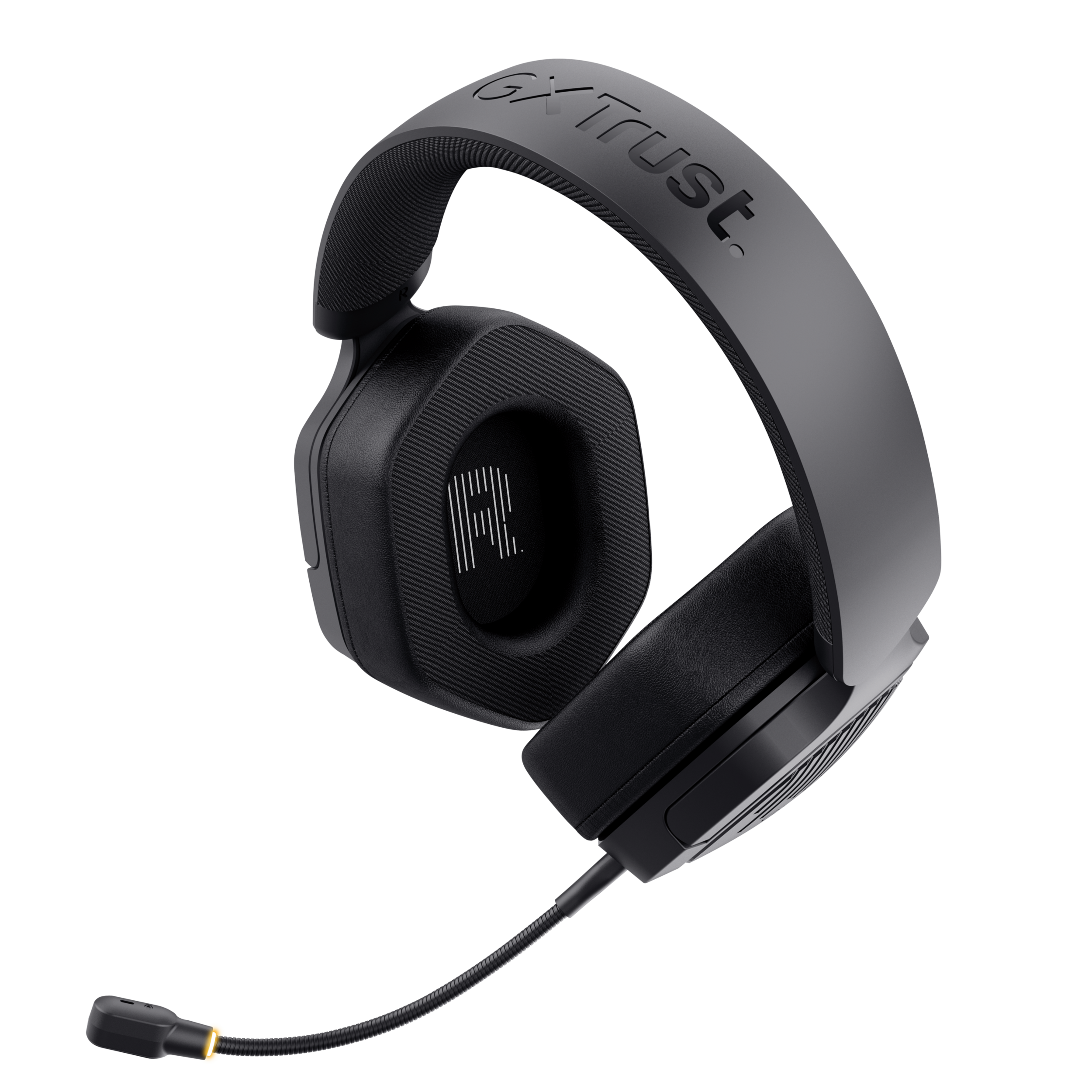 Zwarte gaming headset met microfoon op zwarte achtergrond.