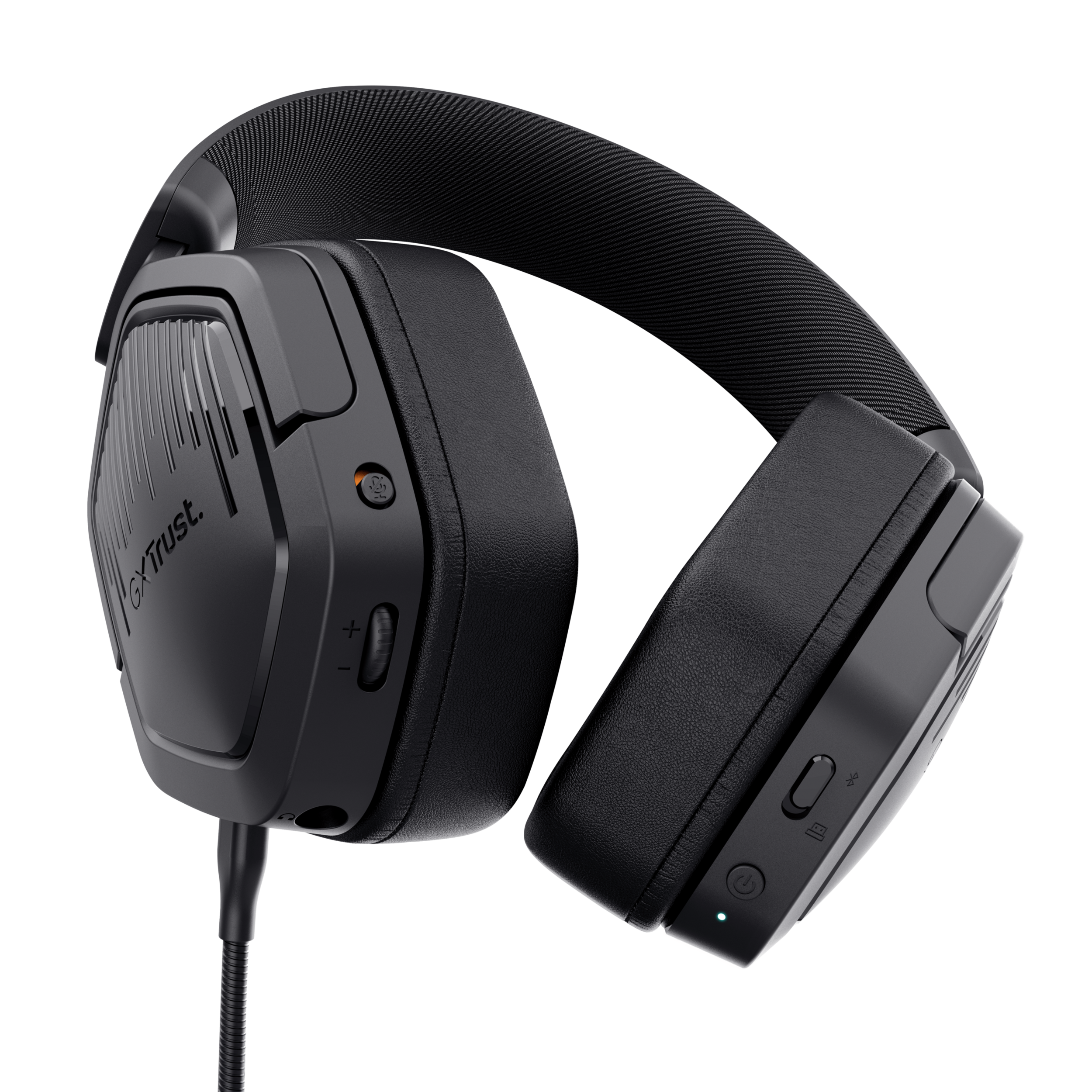 Zwarte koptelefoon met een microfoon en bedieningsknoppen. De koptelefoon staat op een zwarte achtergrond.