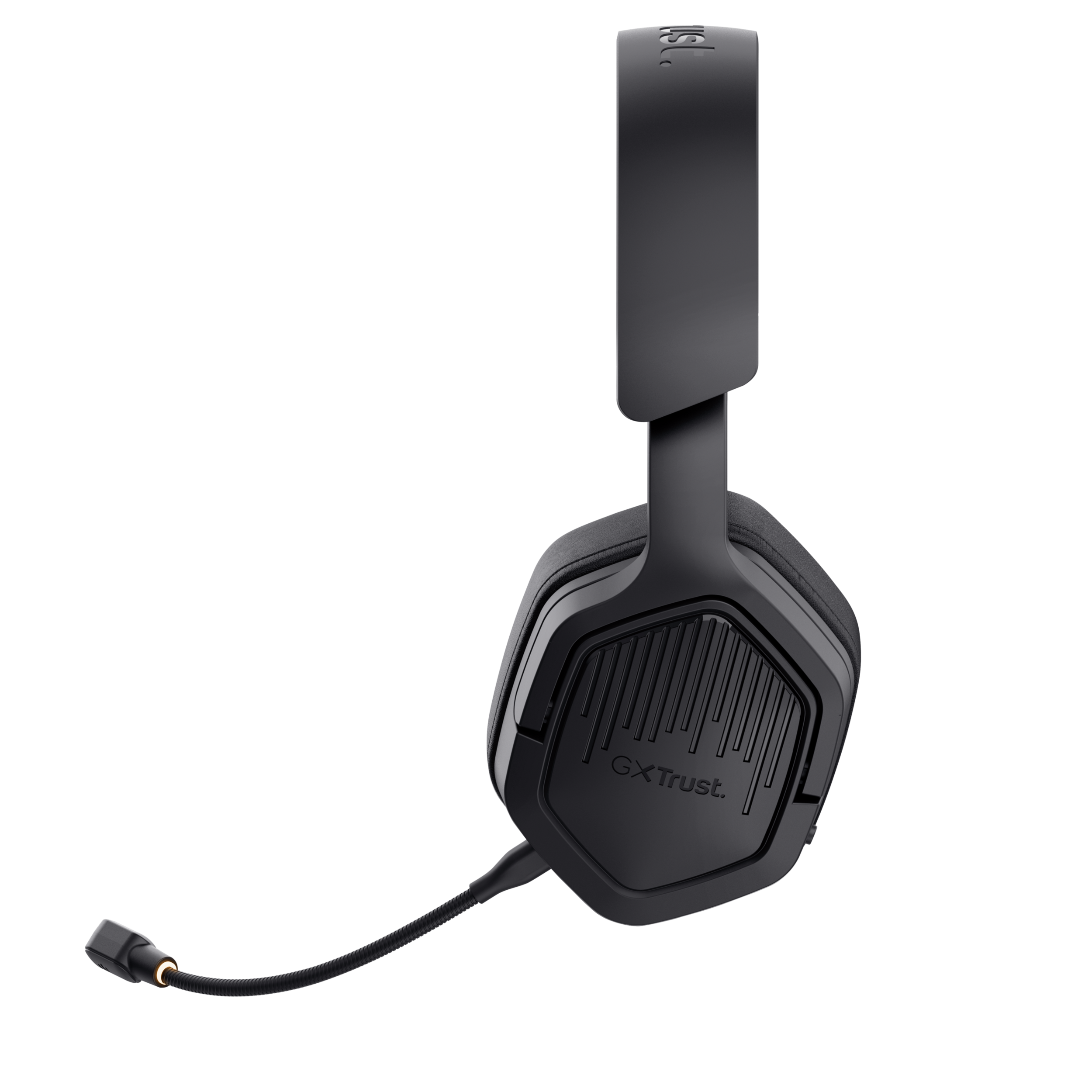 Zwarte gamingheadset met microfoon. De koptelefoon is schuin, zwarte achtergrond.