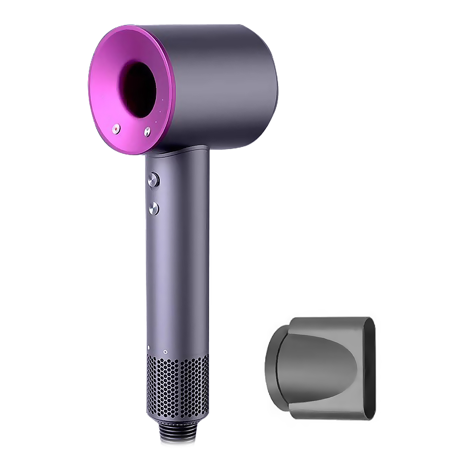 Un asciugacapelli grigio e rosa con accessori. Sfondo bianco.
