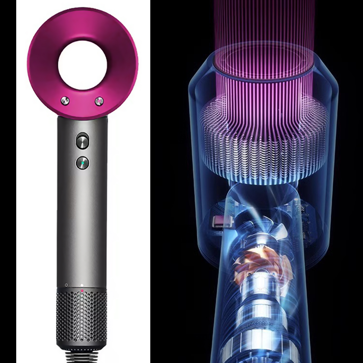 Asciugacapelli Dyson rosa e argento. A destra: vista interna, che mostra la ventola e la struttura interna.