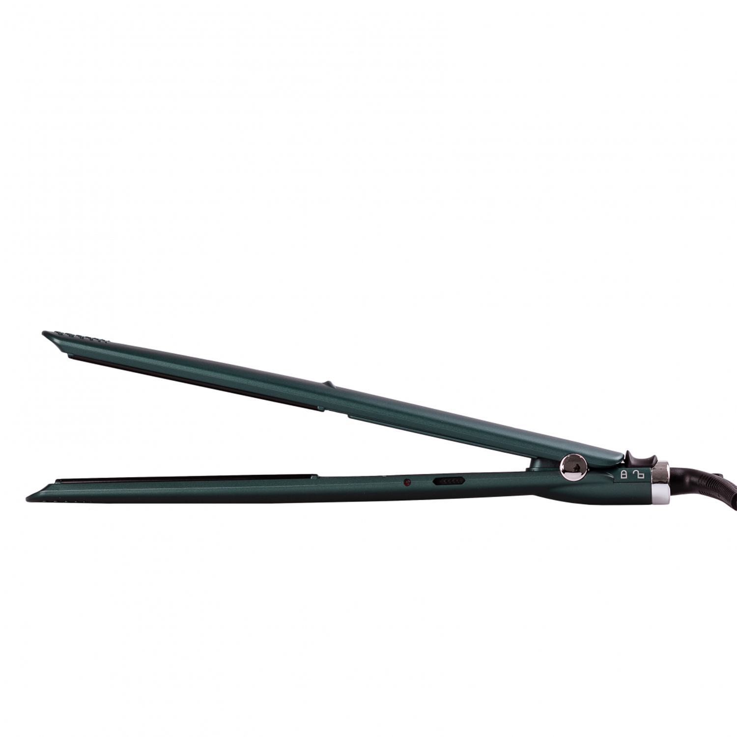 Piastra per capelli verde aperta su una superficie bianca.