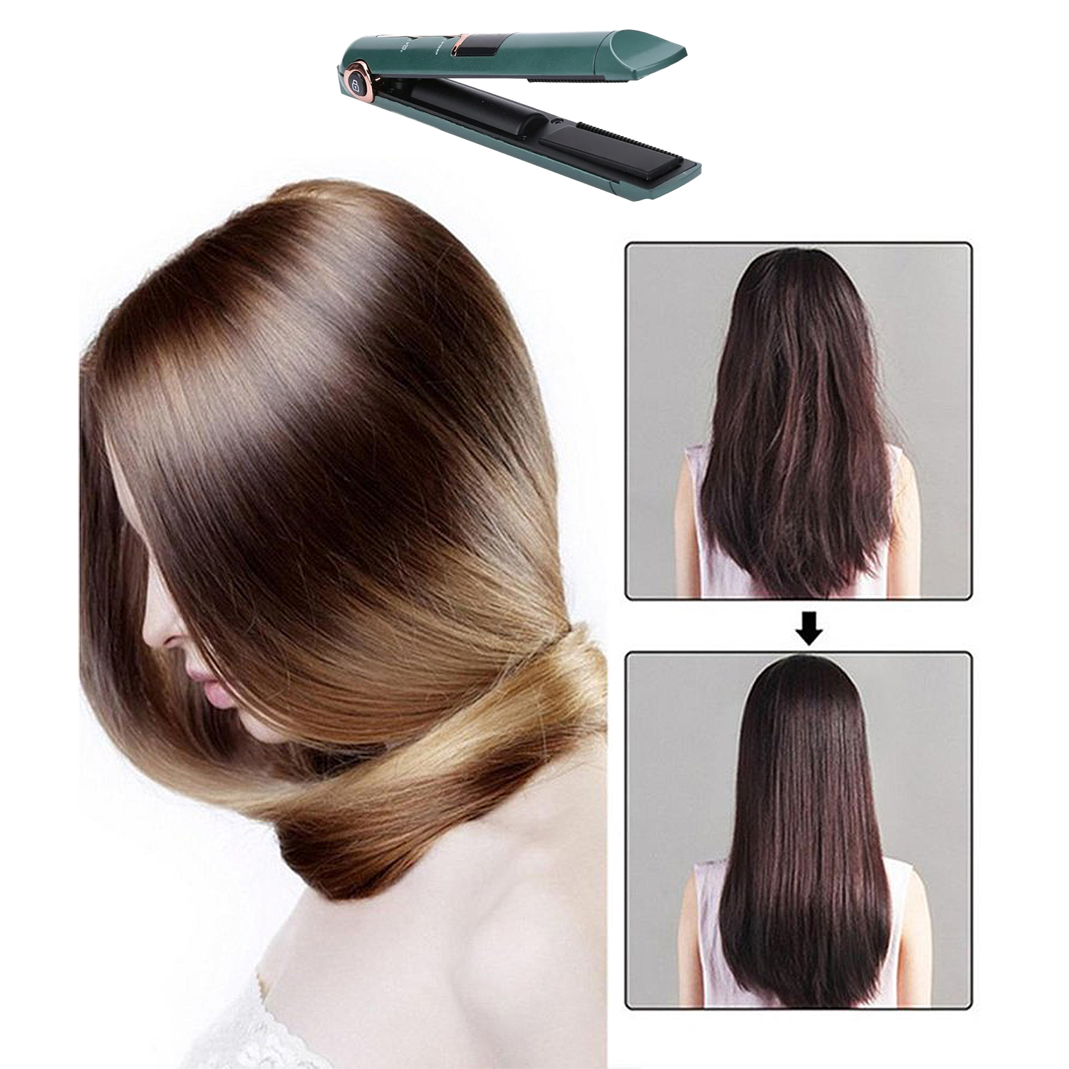 Donna con capelli lisci e setosi. Piastra e foto prima/dopo mostrano la trasformazione dei capelli.
