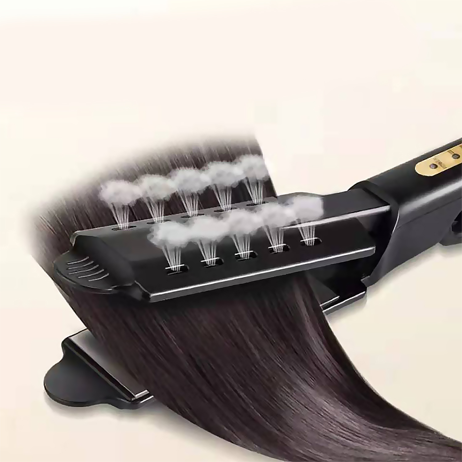 Piastra per capelli con vapore. Il dispositivo è nero, i capelli sono castani e lo sfondo è bianco.
