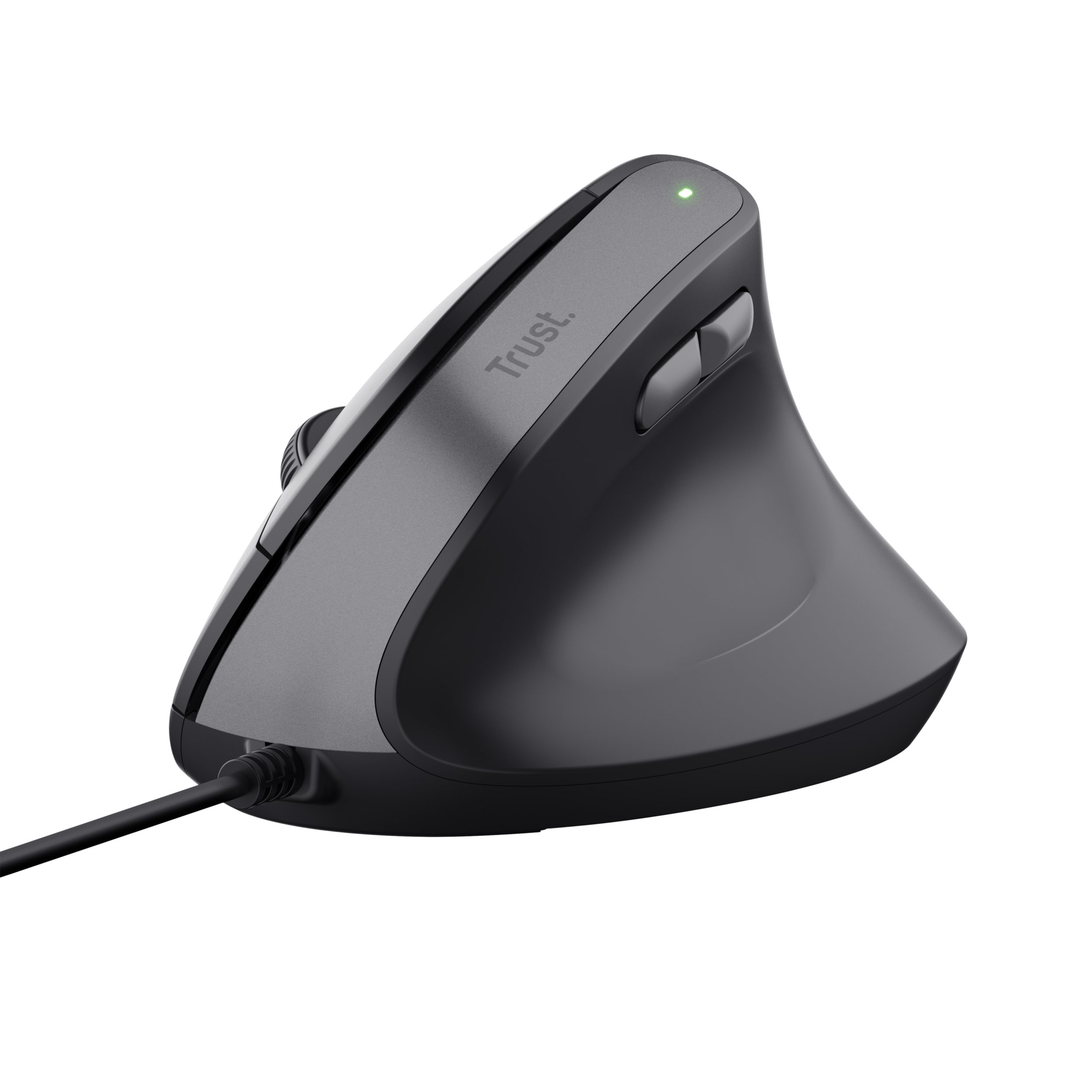 Ergonomic vertical mouse, black with Trust logo, plugged in, on black background.
