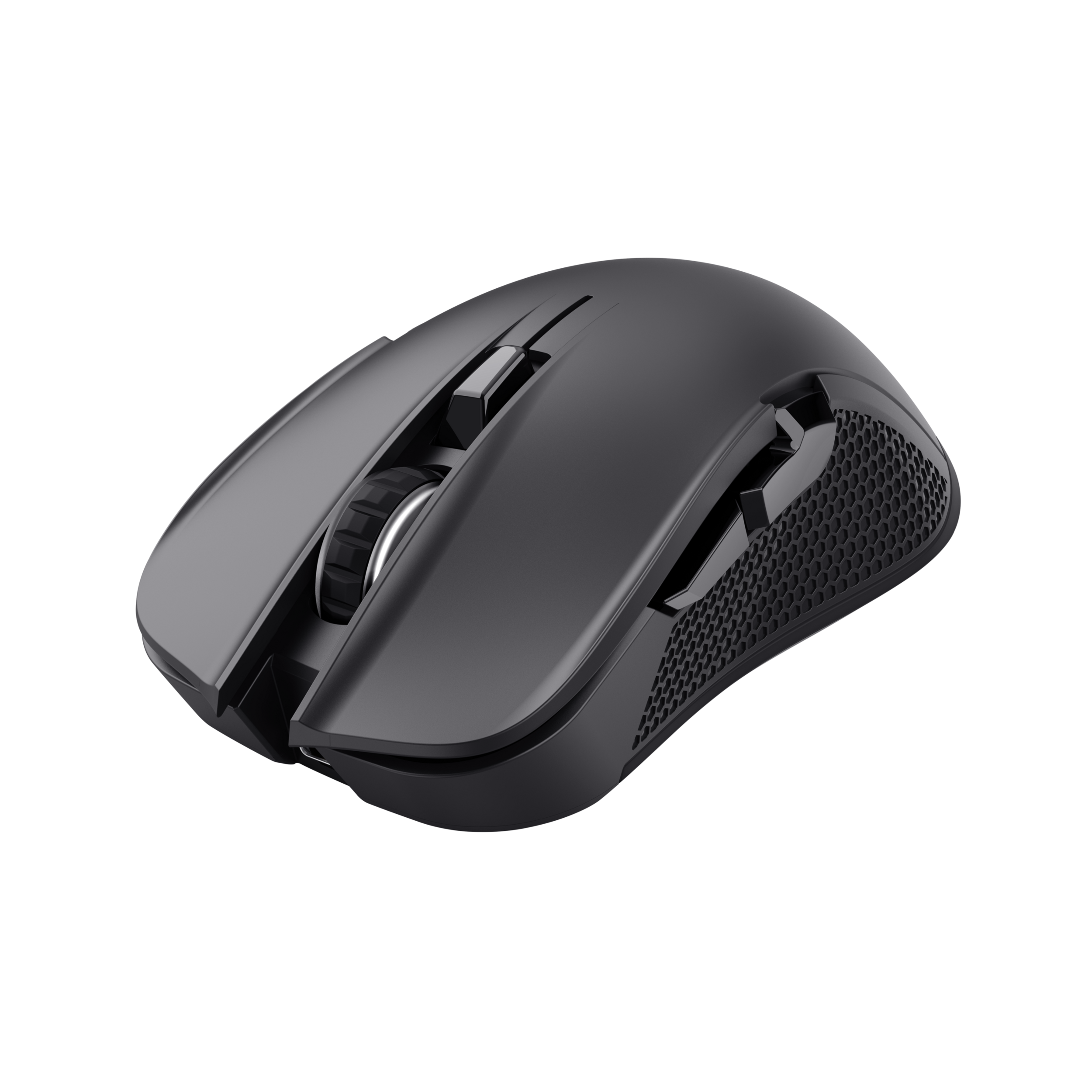 Zwarte computermuis, schuine weergave. Het heeft een scrollwiel, zijknoppen en een getextureerde grip.
