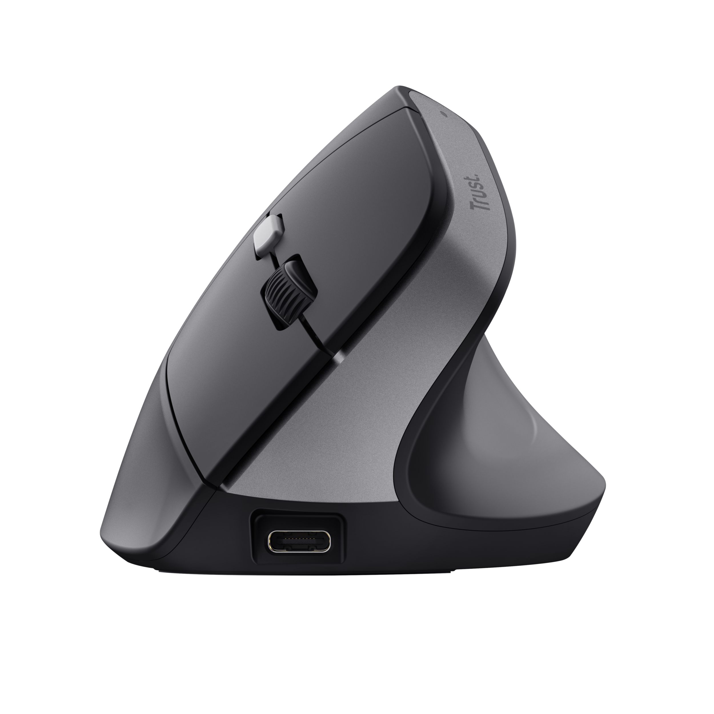 Verticale ergonomische muis in grijs en zwart, met scrollwiel.