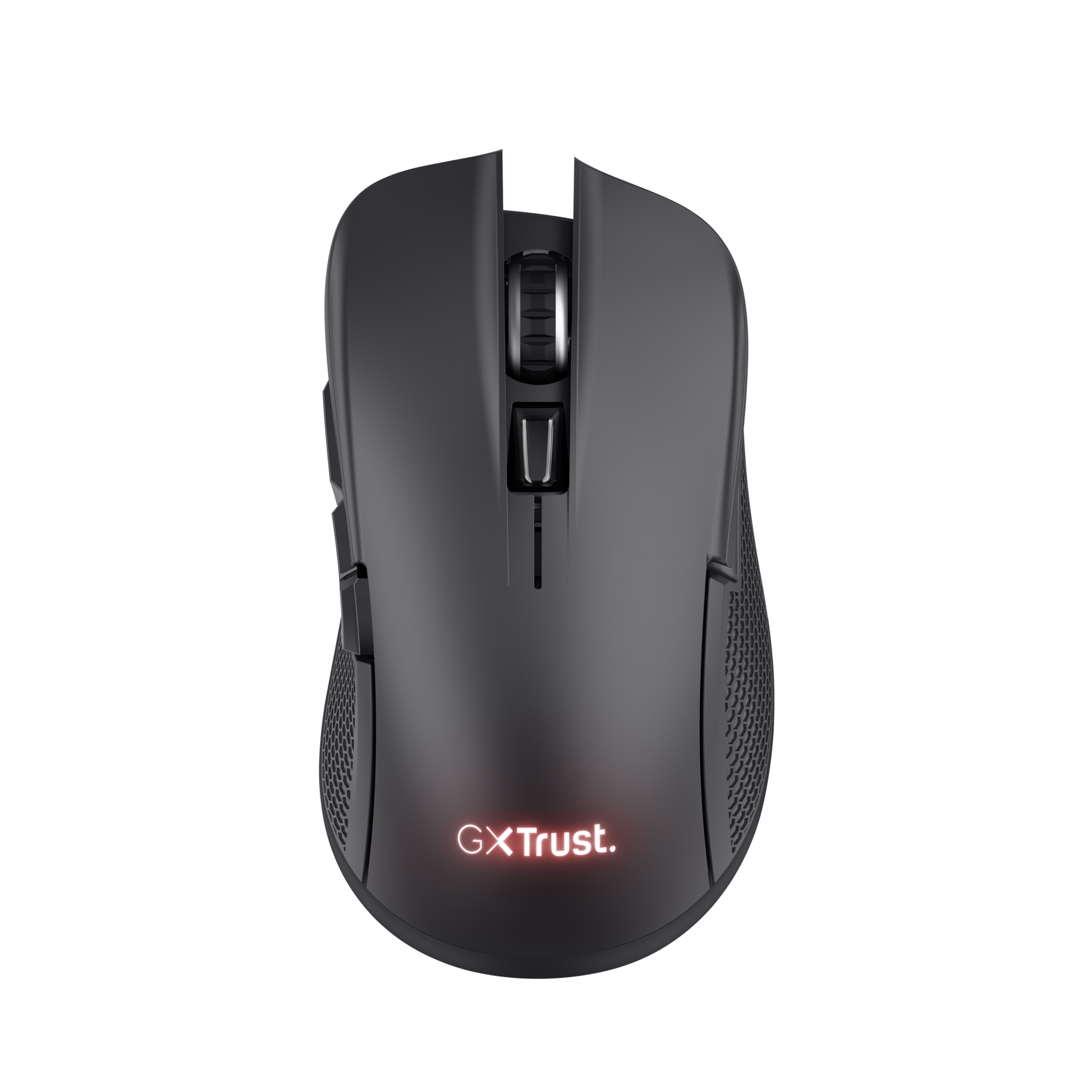Zwarte computermuis met knoppen en scrollwiel, op donkere achtergrond.