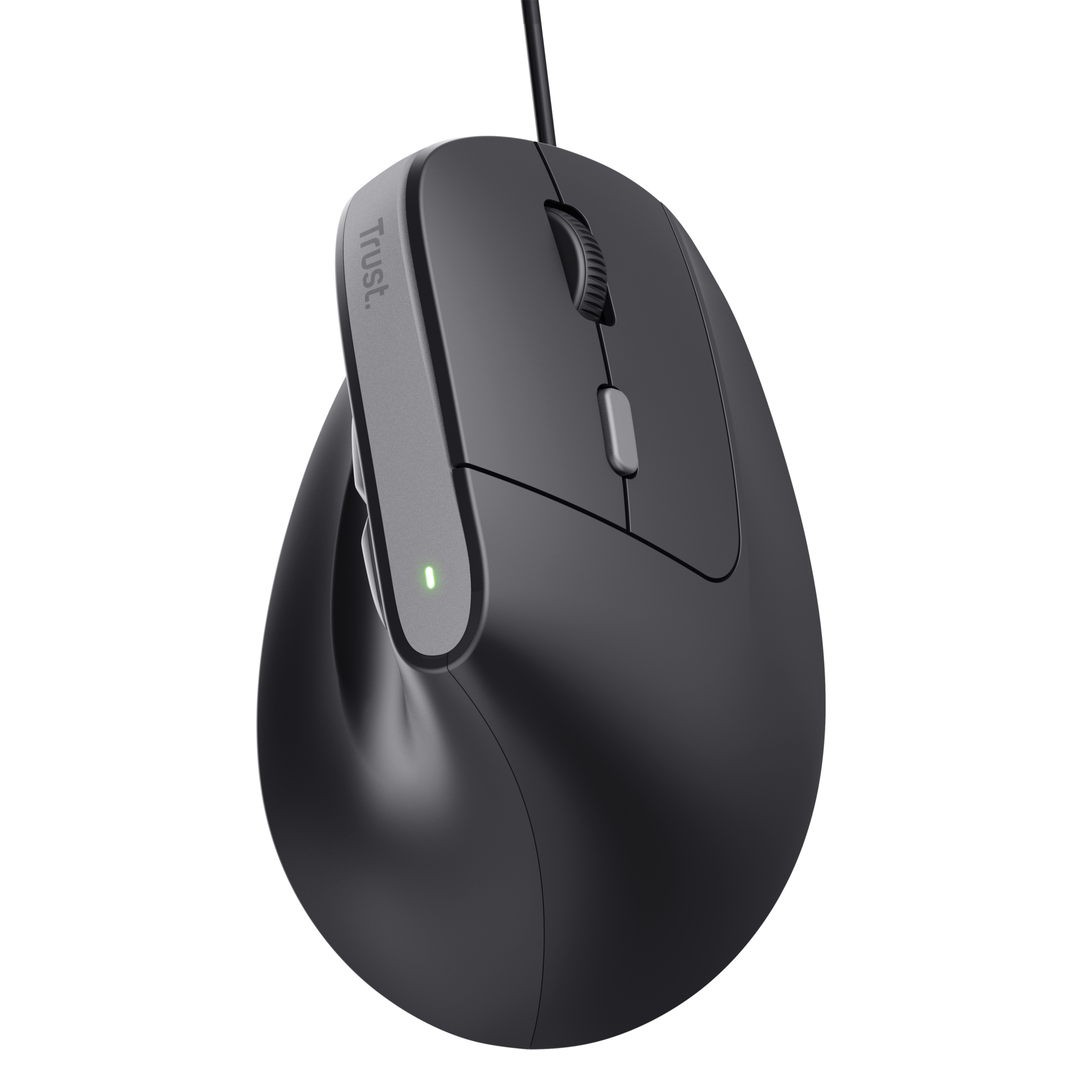 Black ergonomic mouse with gray accents, green light, and Trust logo on a black background.
