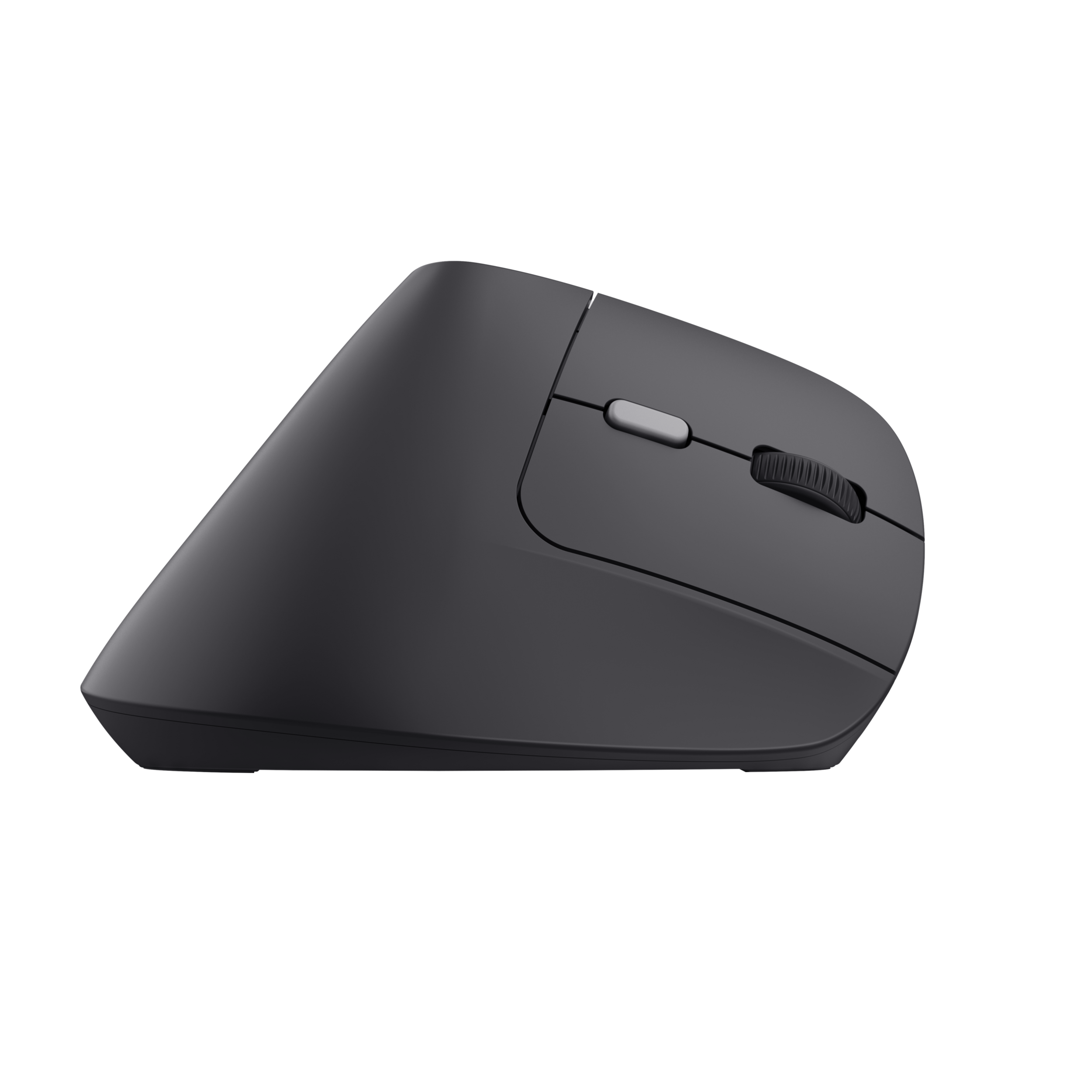 Een zwarte ergonomische muis op een zwarte achtergrond. Het heeft een scrollwiel en knoppen.