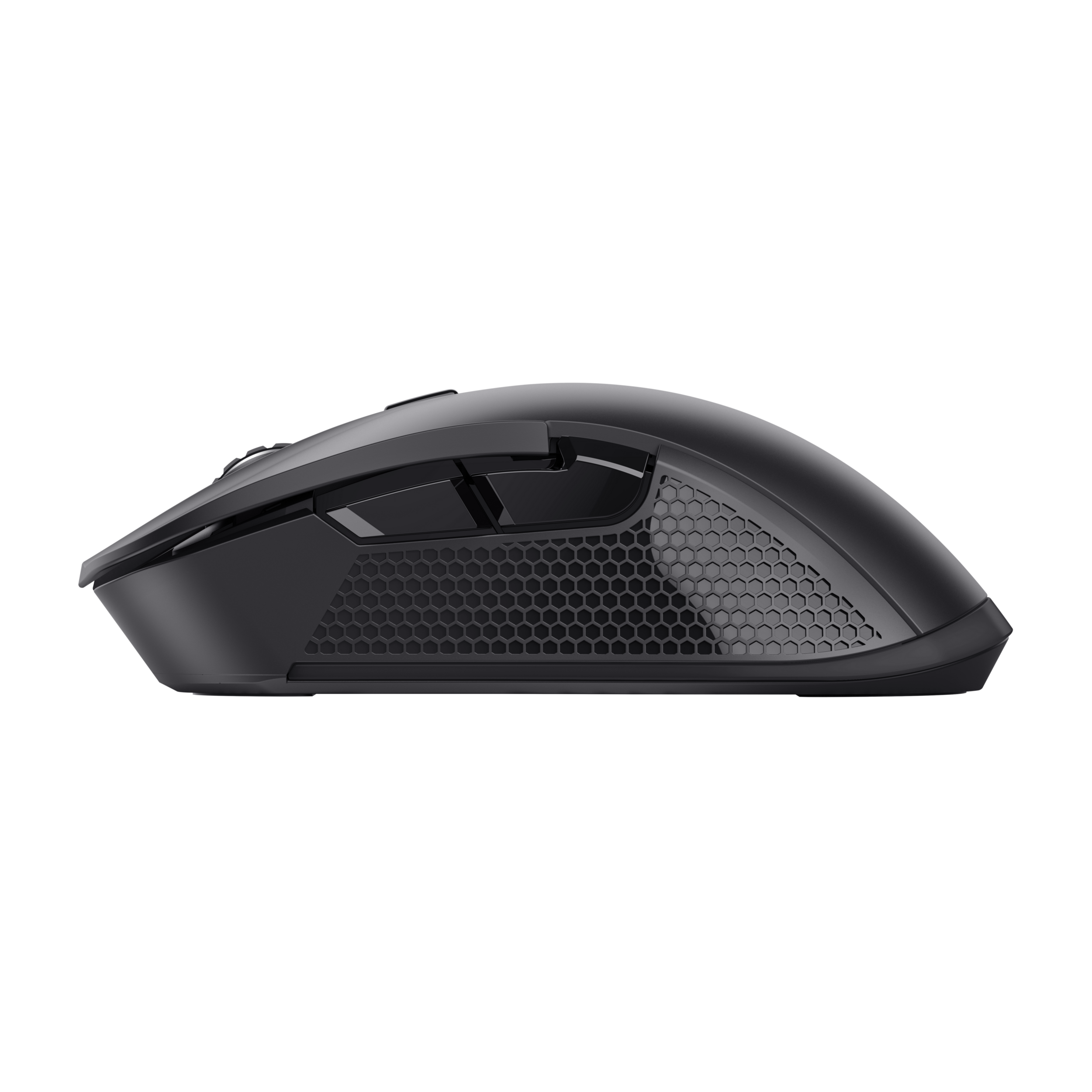 Een zwarte computermuis op een zwarte achtergrond. Het is een gamingmuis.