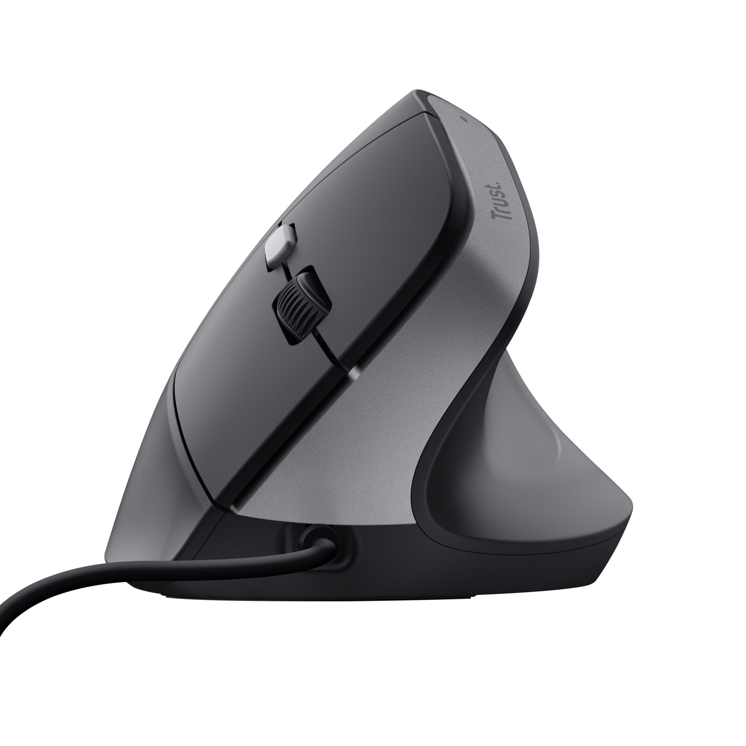 A black and gray vertical mouse is shown on a black background.