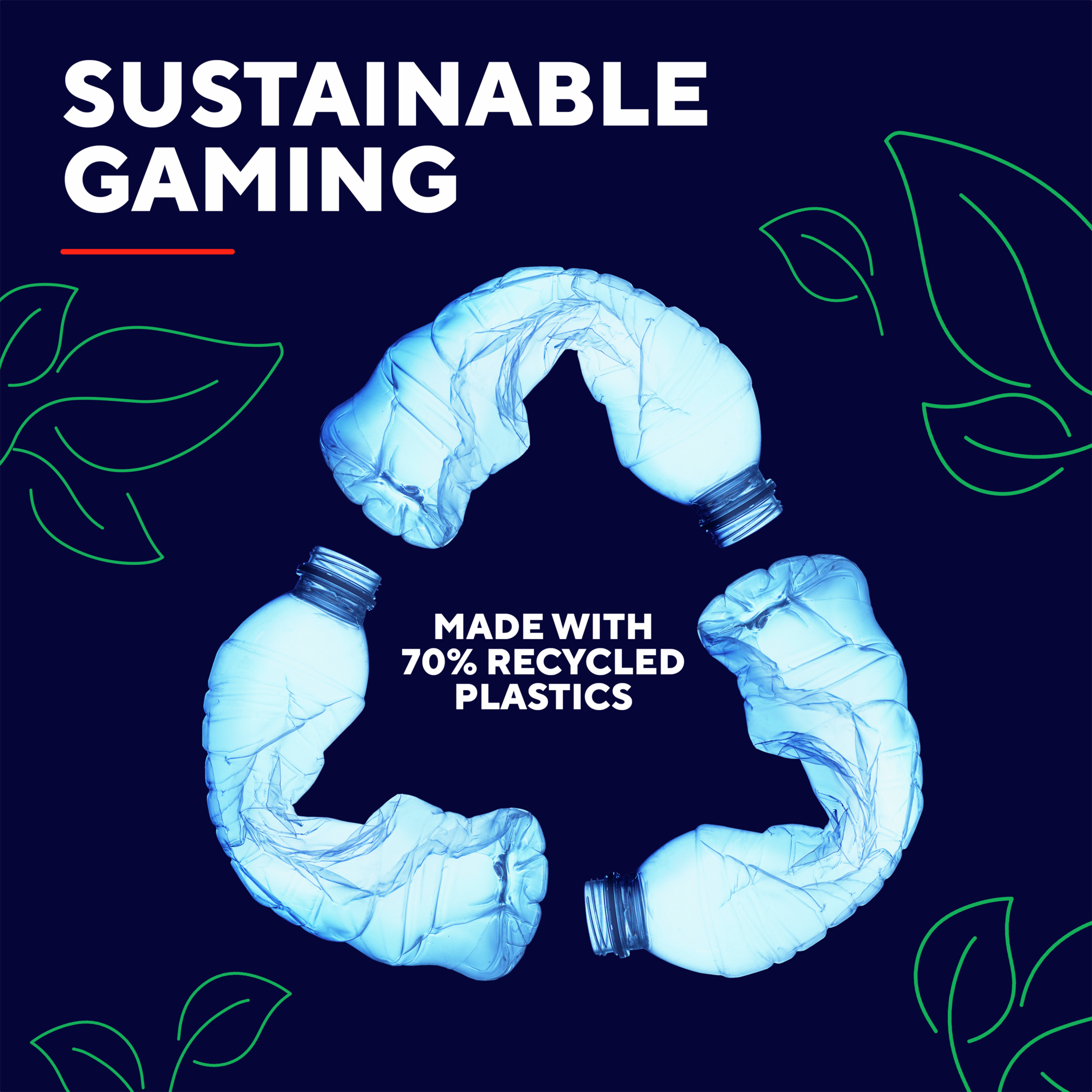 Recyclingsymbool gemaakt van verfrommelde blauwe plastic flessen, met de tekst 'Gemaakt met 70% gerecycled plastic'.