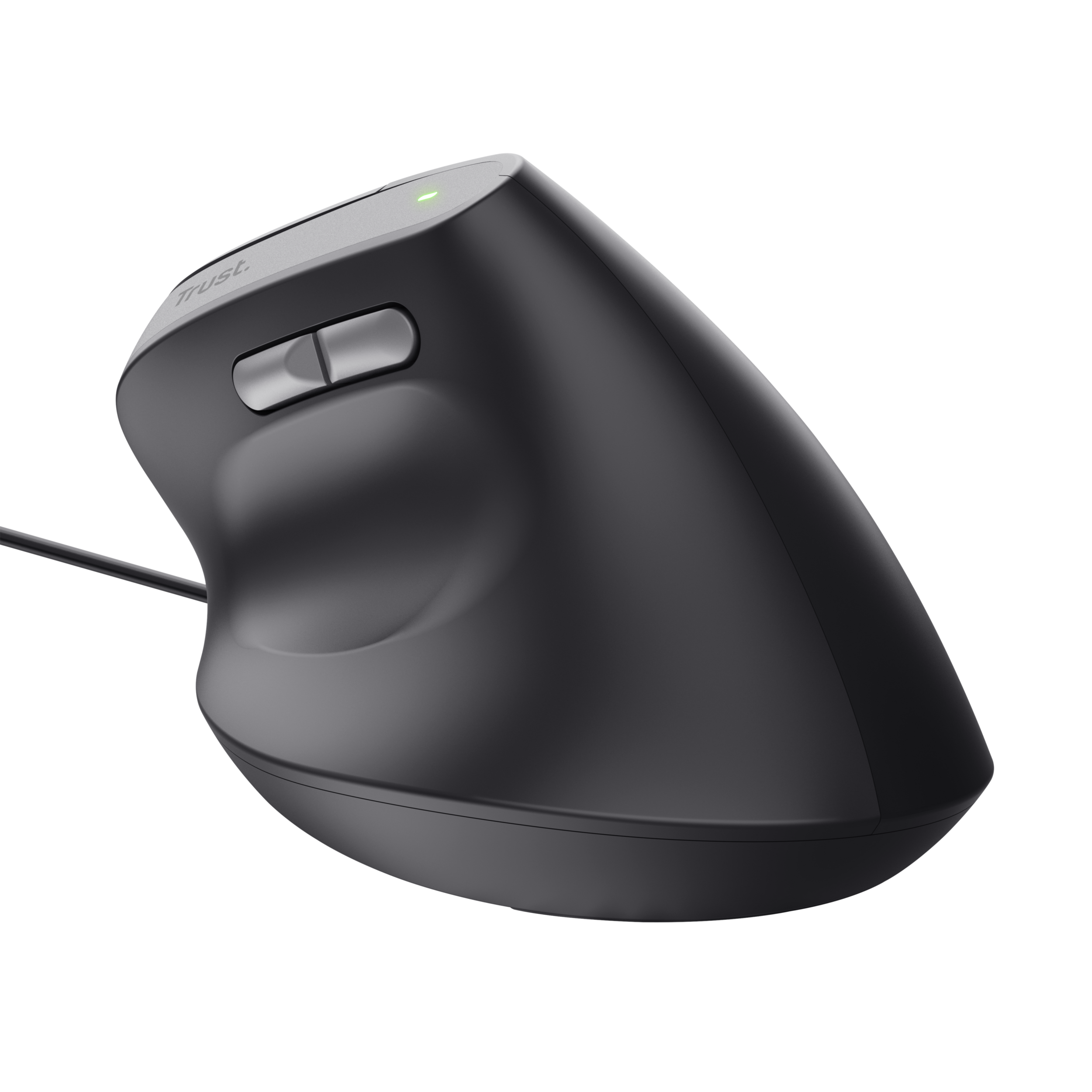 A black ergonomic mouse with two buttons, and a green light on top, on a black surface.
