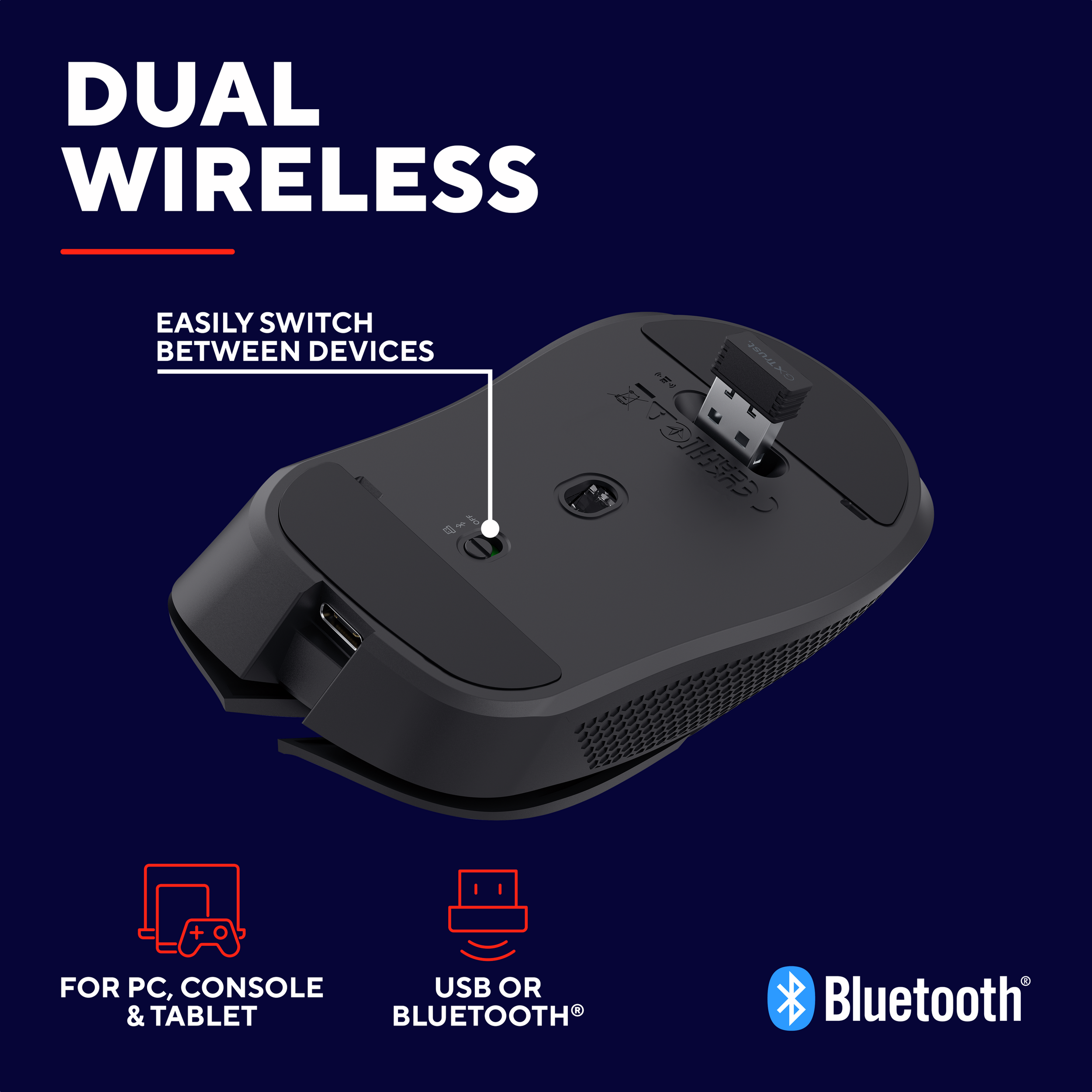 Zwarte draadloze muis met een USB-ontvanger. Het heeft een knop en het woord 'Bluetooth'.