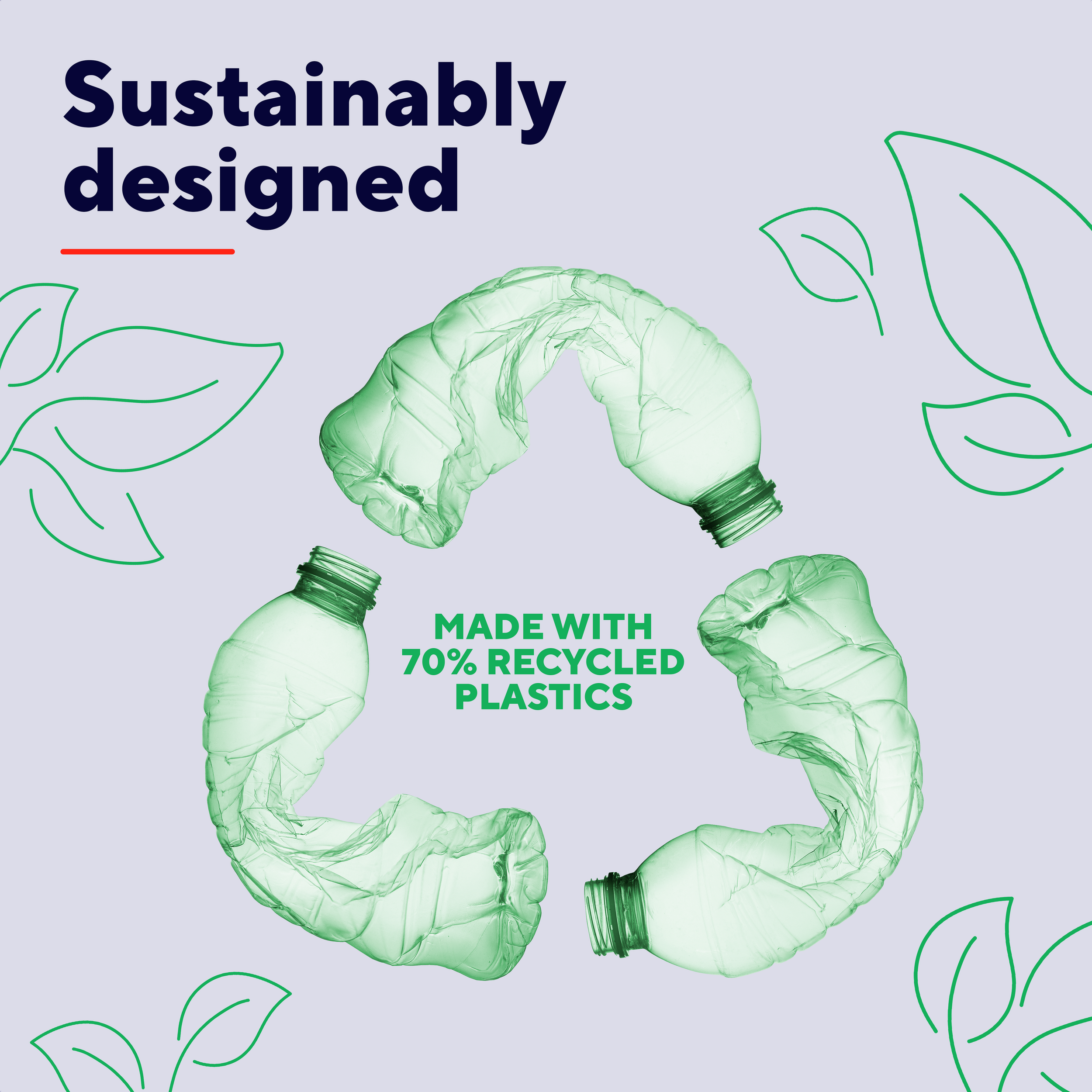 Recyclingsymbool gemaakt van plastic flessen. Tekst: 'Gemaakt met 70% gerecycled plastic'.