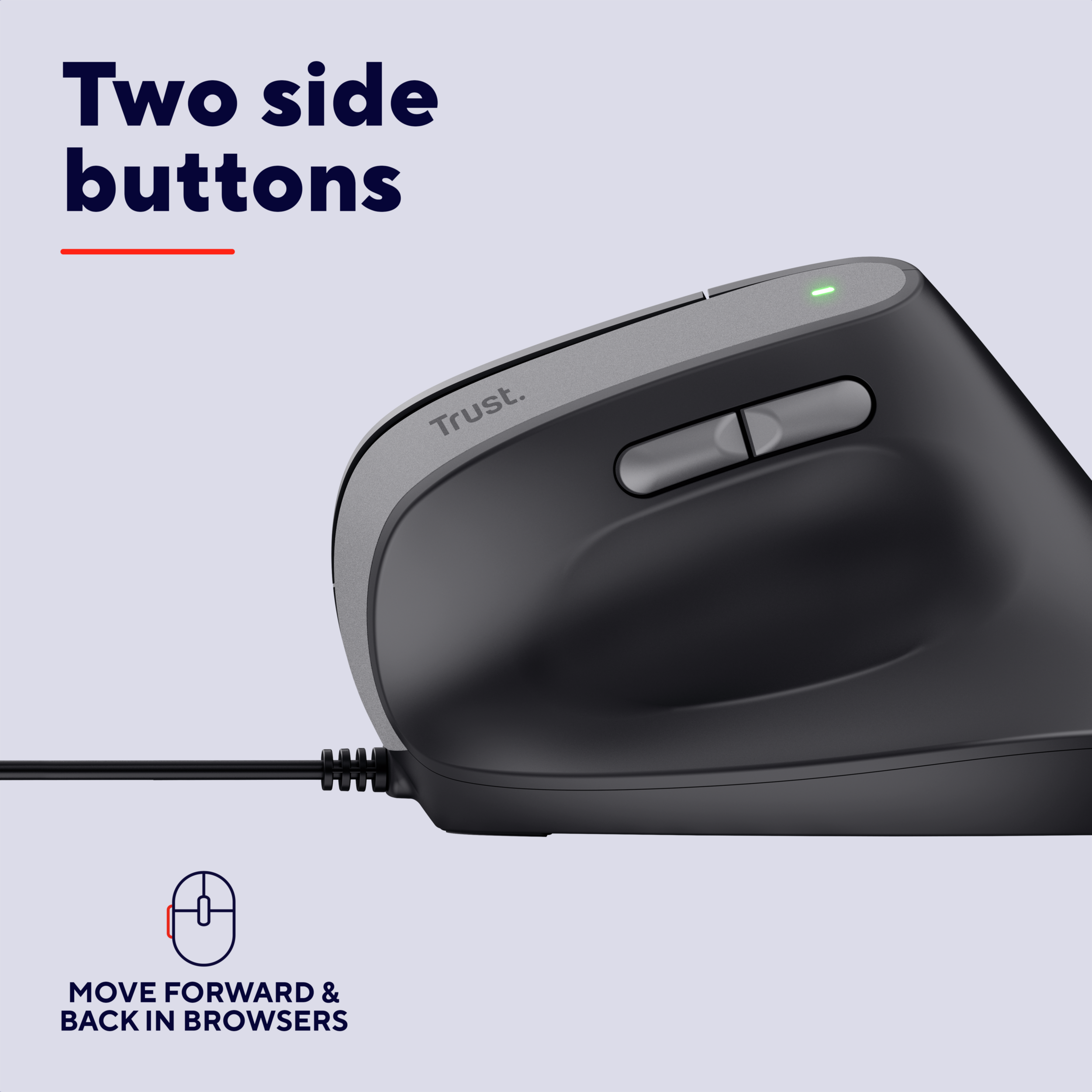 Black ergonomic mouse with two side buttons, connected to a black cable.