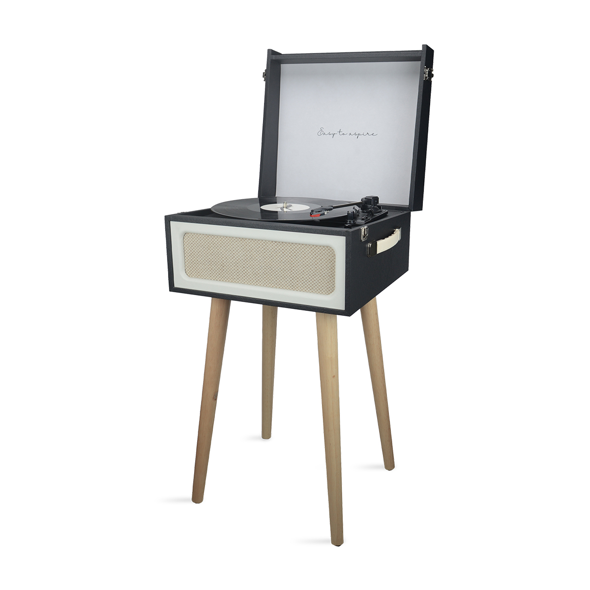 Czarny gramofon z drewnianymi nogami. Góra jest otwarta, pokazując płytę. Beżowe i białe elementy.