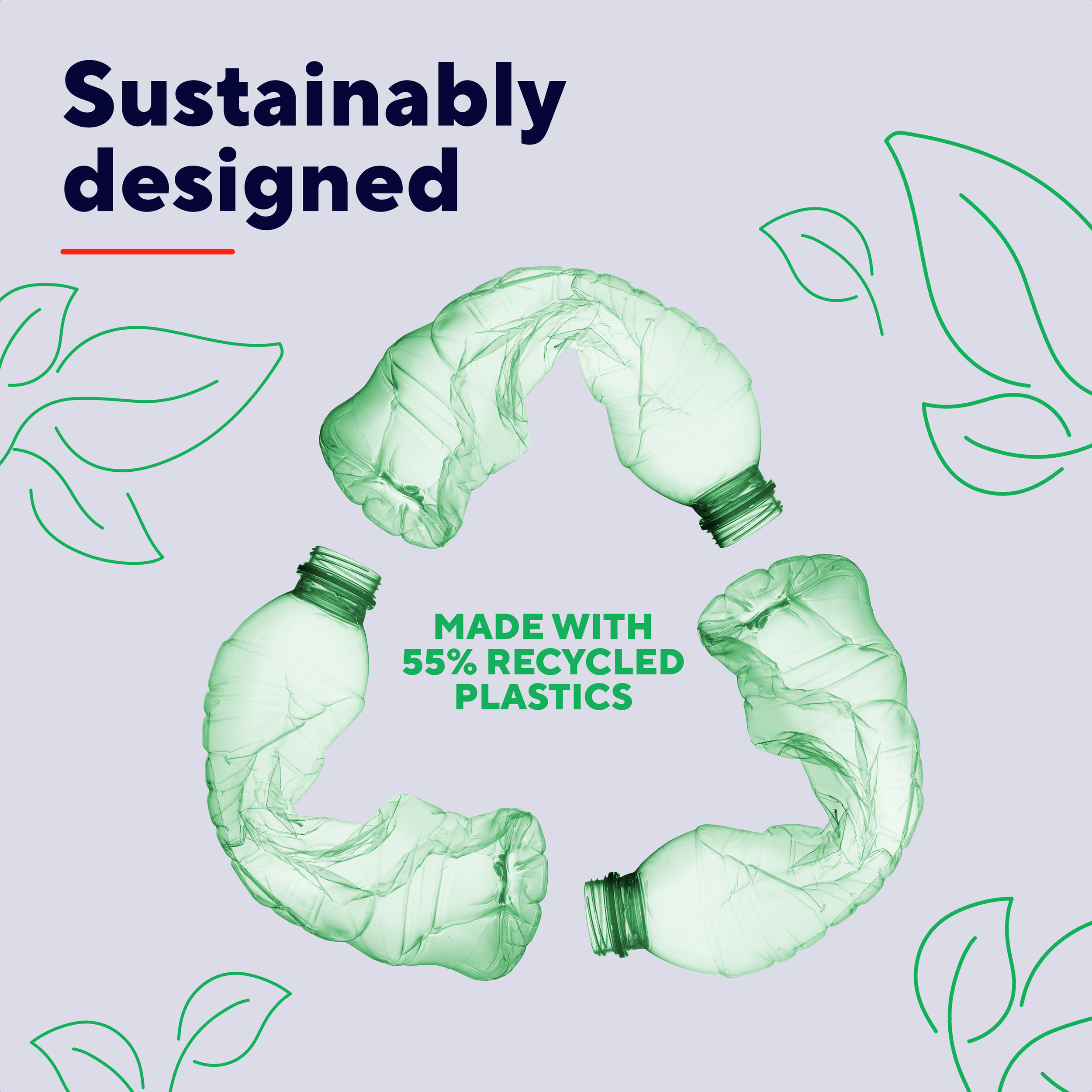 Symbol recyklingu wykonany z zielonych plastikowych butelek. Tekst mówi: 'Wykonane w 55% z tworzyw sztucznych z recyklingu' i 'Zaprojektowane w sposób zrównoważony'.