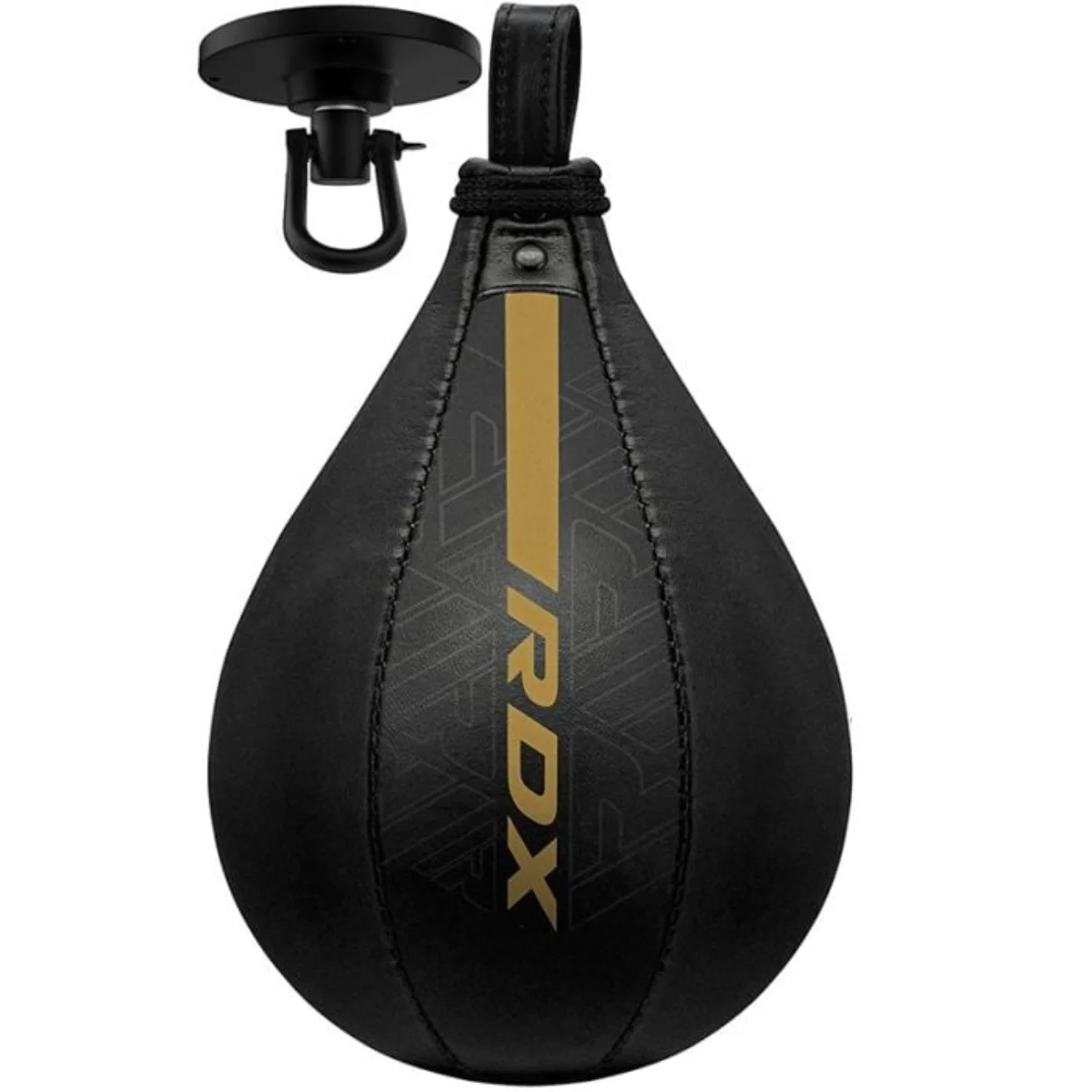 Sac de vitesse de boxe noir suspendu à un support de plafond. Le sac a des accents dorés et le logo RDX.